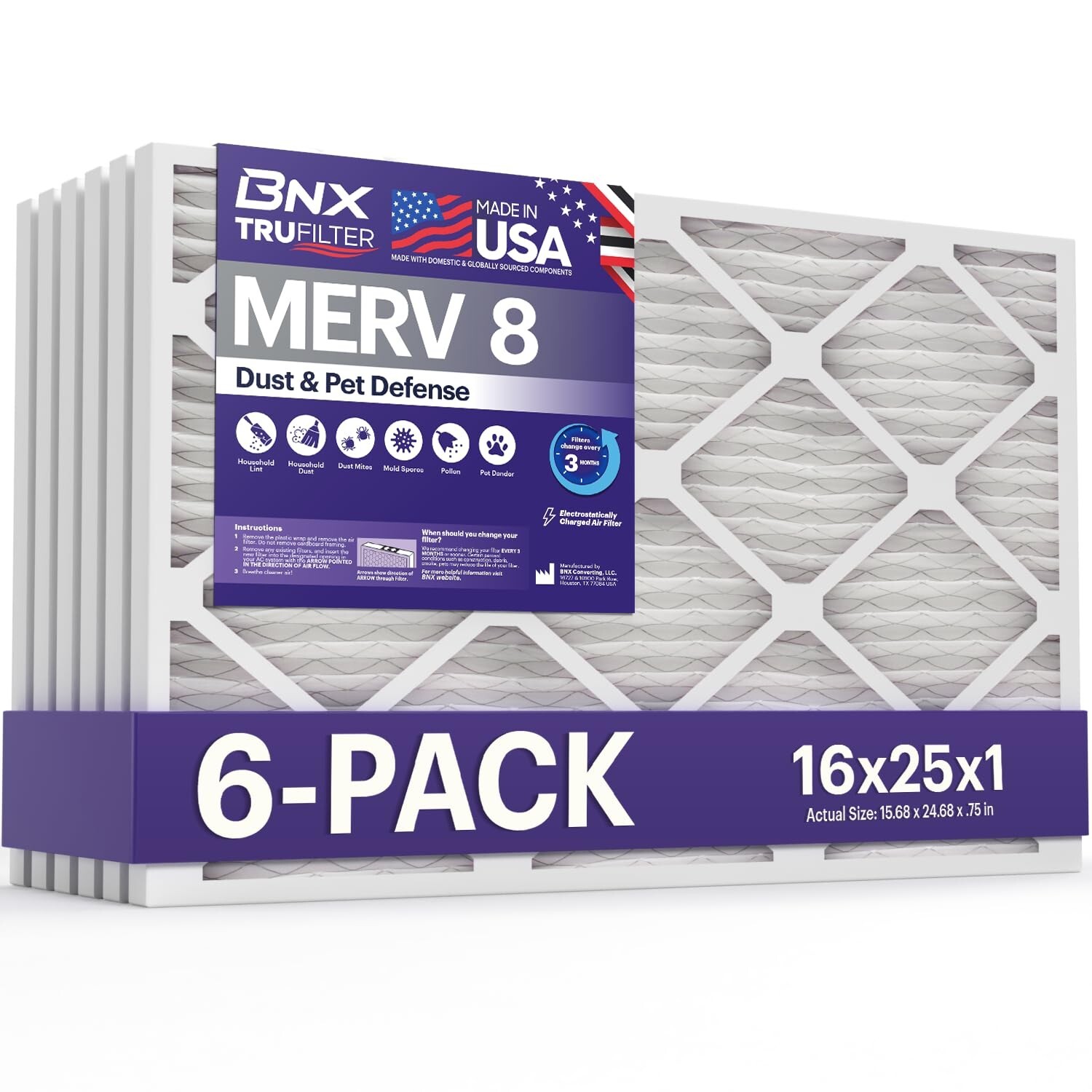BNX TruFilter 16x25x1 Air Filter MERV 8 (6-Pack) – MADE IN USA – Dust & Pe
