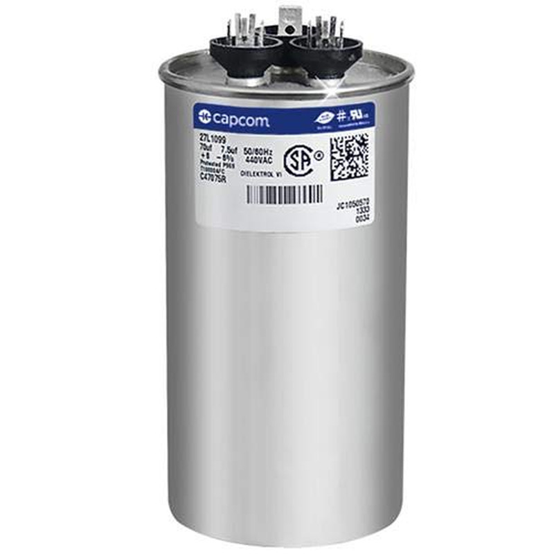 Carrier P291-7074R – 70 + 7.5 Uf MFD X 440 VAC Replacement Dual Capacitor round