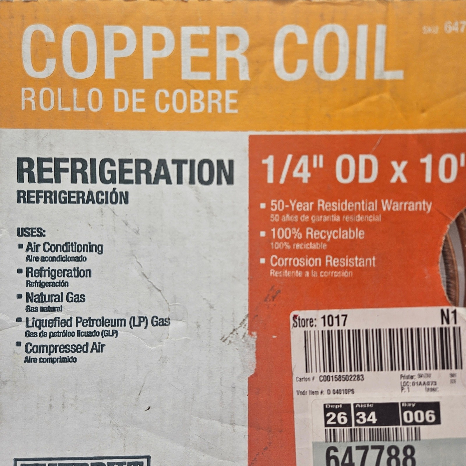 EVERBILT SOFT COPPER REFRIGERATION COIL 1/4″ OD X 10 FT 647-788 NIB