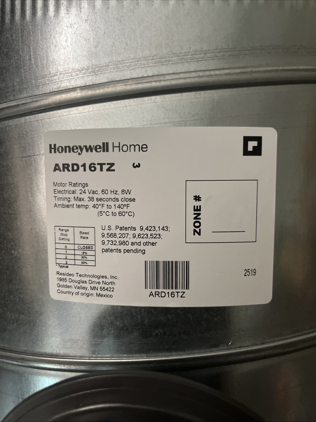 Honeywell ARD16TZ Zone Control Dampers 16 Inch Round 18inch Length