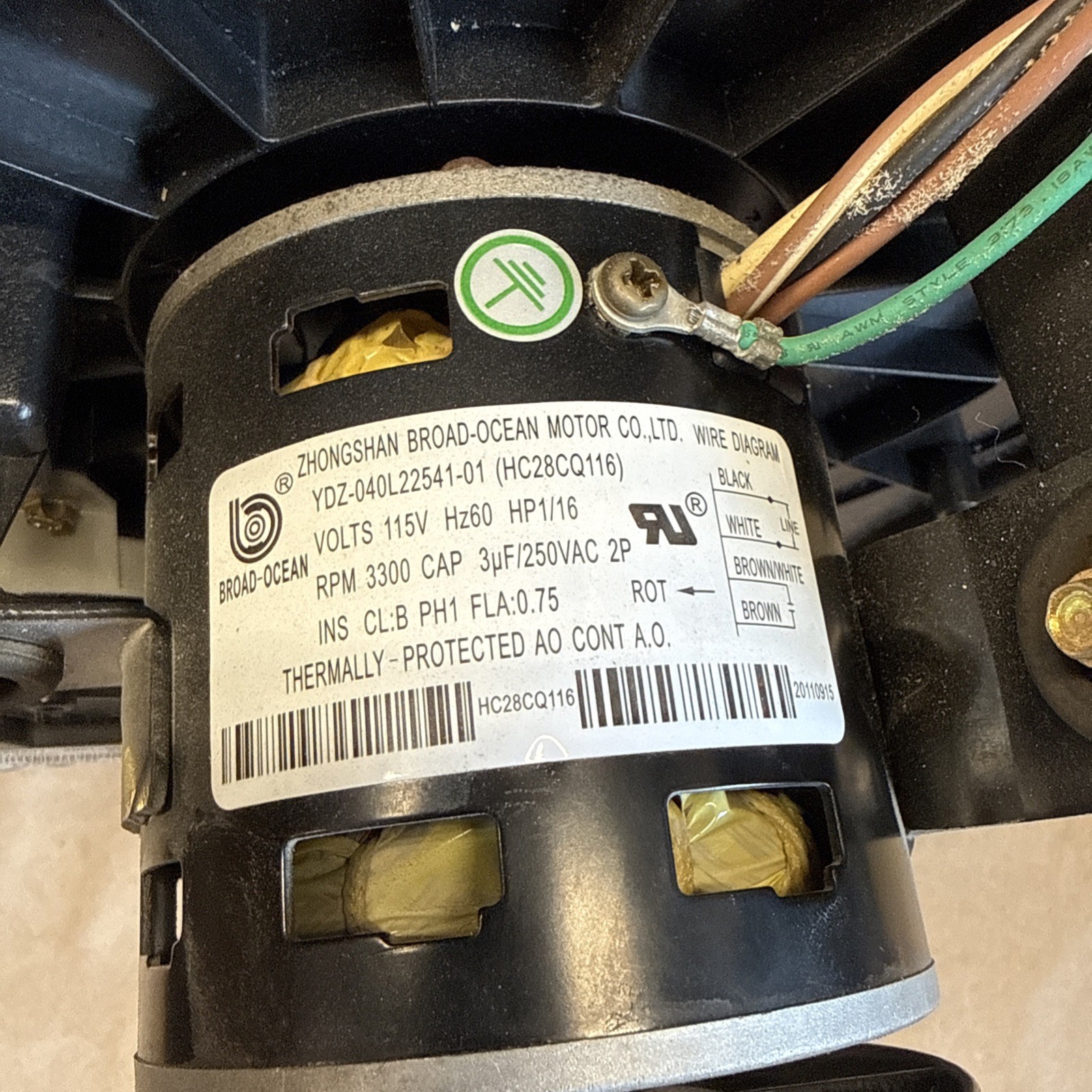 2018 ZHONGSHAN BROAD-OCEAN HC28CQ116 Draft Inducer Motor YDZ-040L22541-01