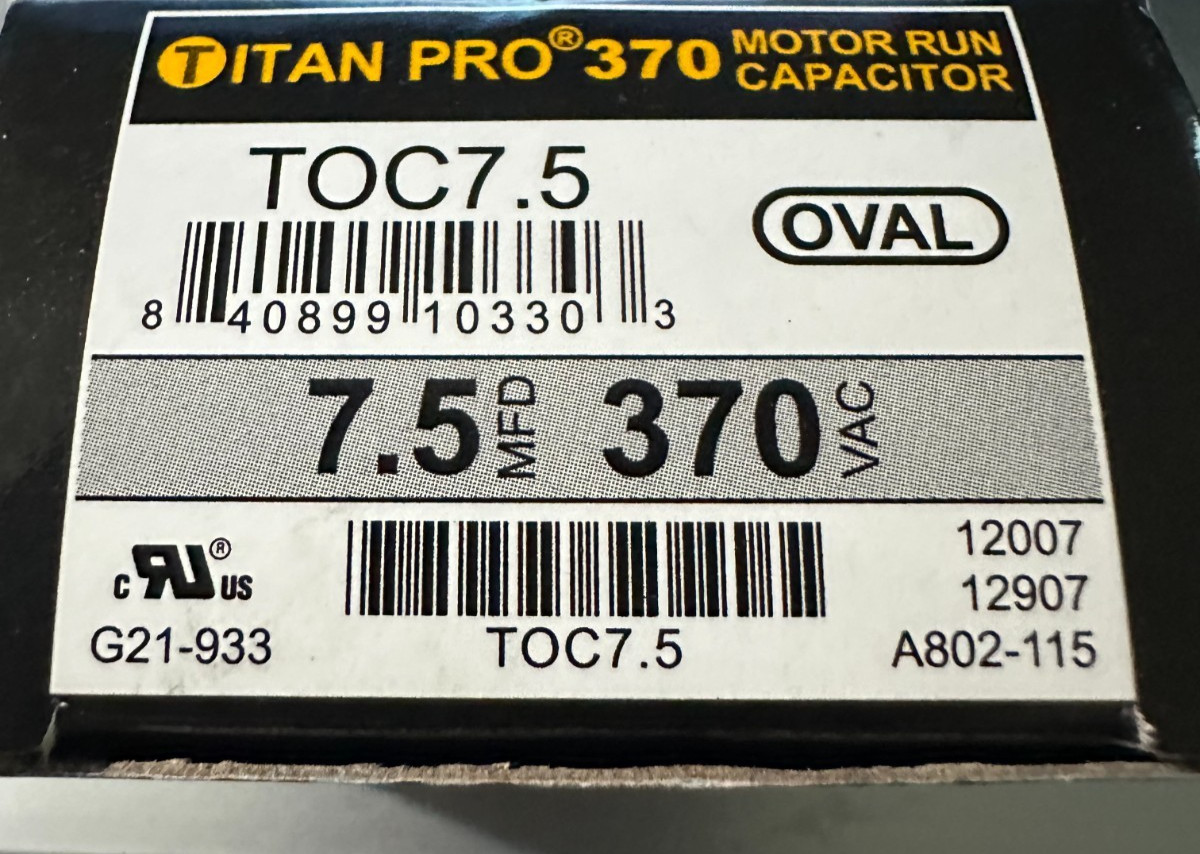TITAN PRO 370, TOC7.5 Motor Run Capacitor Oval 7.5 MFD, 370Vac