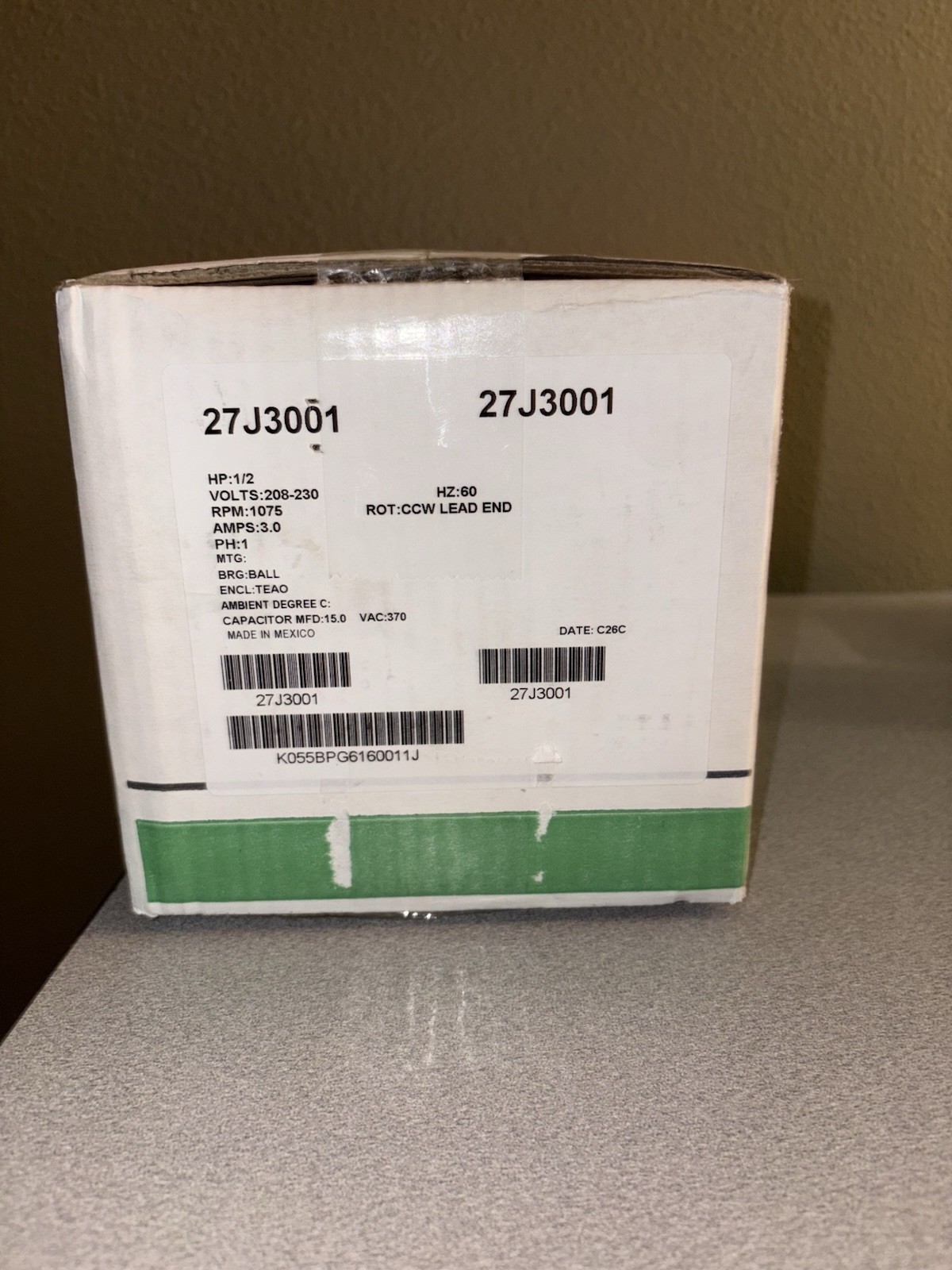 US Motors 27J3001 Fan Motor, 1/2 HP, 208/230v, 1PH, 1075 RPM