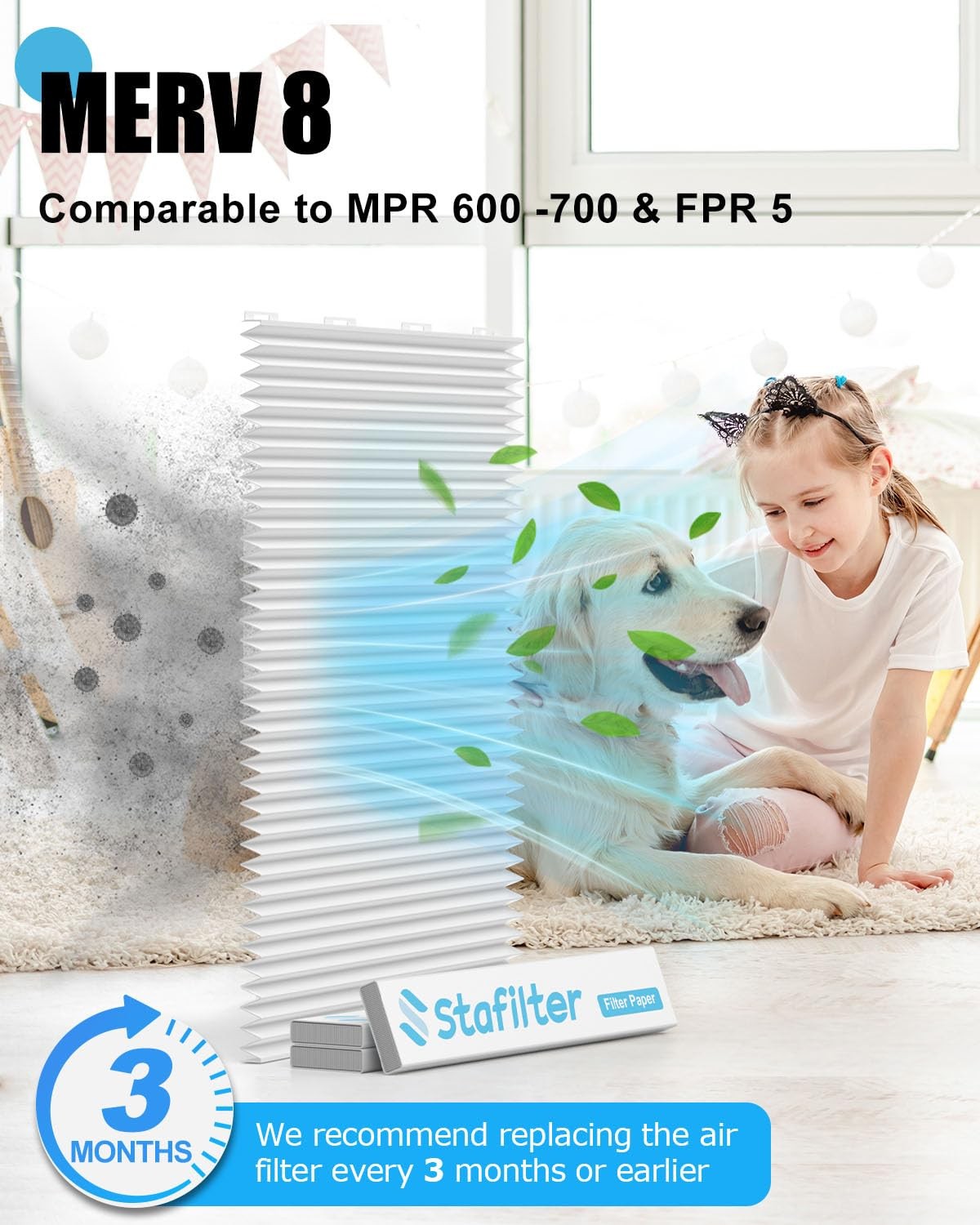 Stafilter 16x25x1 Air Filter MERV 8, 1 Foldable Frame + 6 16x25x1, White