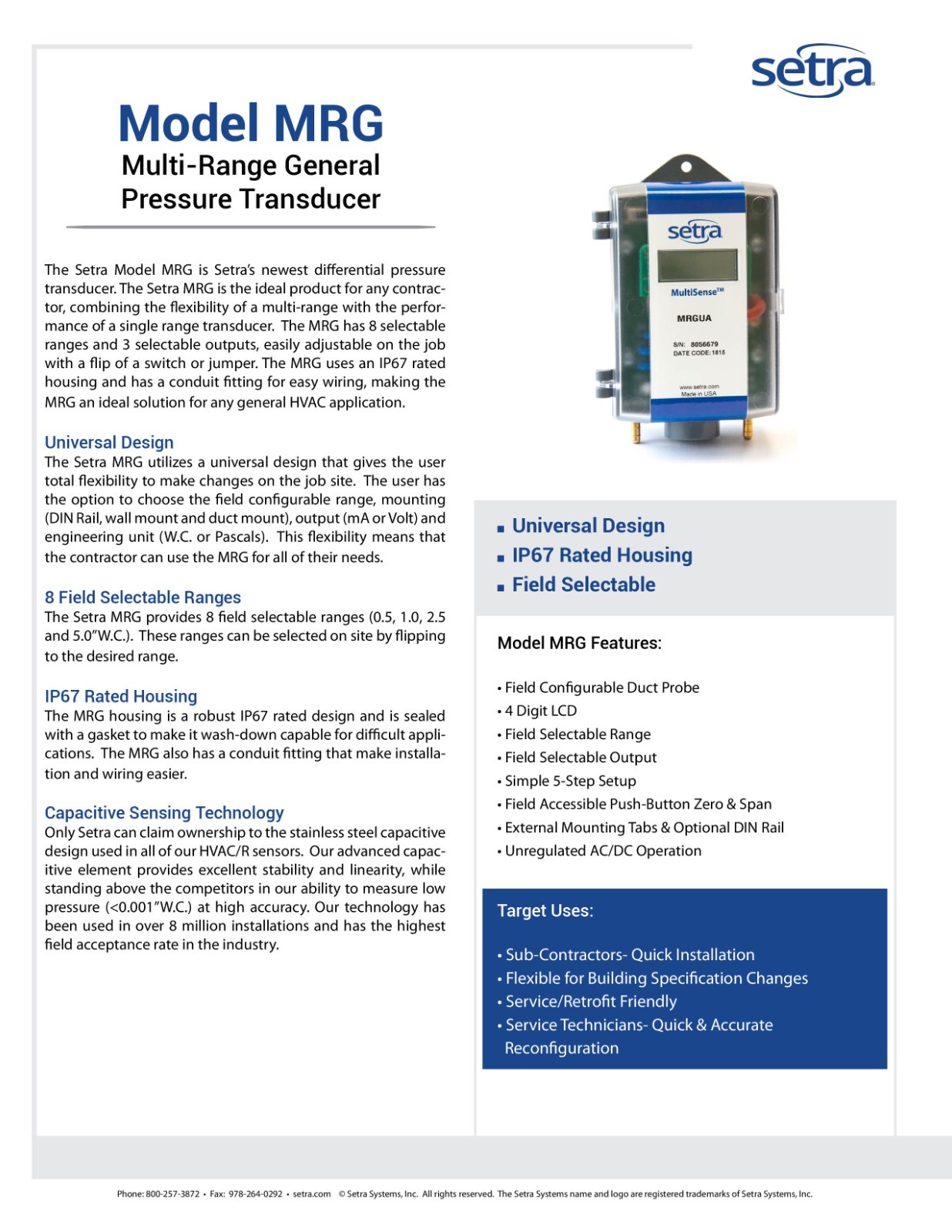 Setra MRGUA Multi-Range General Pressure Transducer