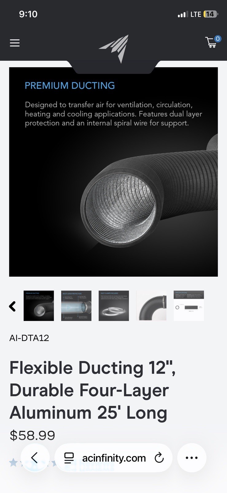 AC Infinity AI-DTA12 Flexible Round Duct Hose 12 in x 25 ft Black – MSRP $58.99