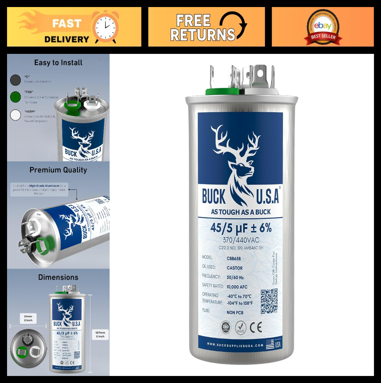 Dual Run Round Start Capacitor 45/5 MFD ±6% for HVAC, AC, Heat Pump, 370/440VAC