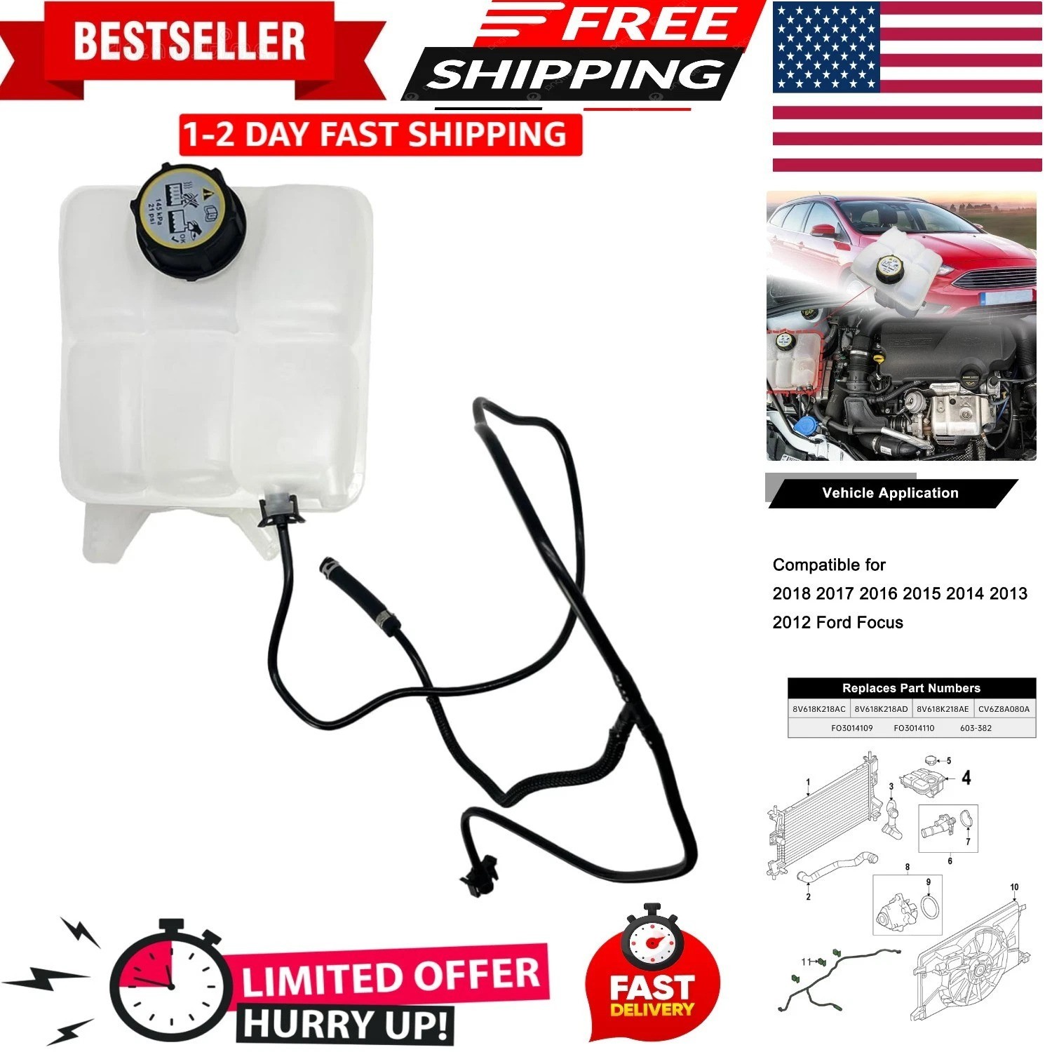 603382 Front Engine Coolant Reservoir Compatible with 2012-2018 F-ord Focus C…