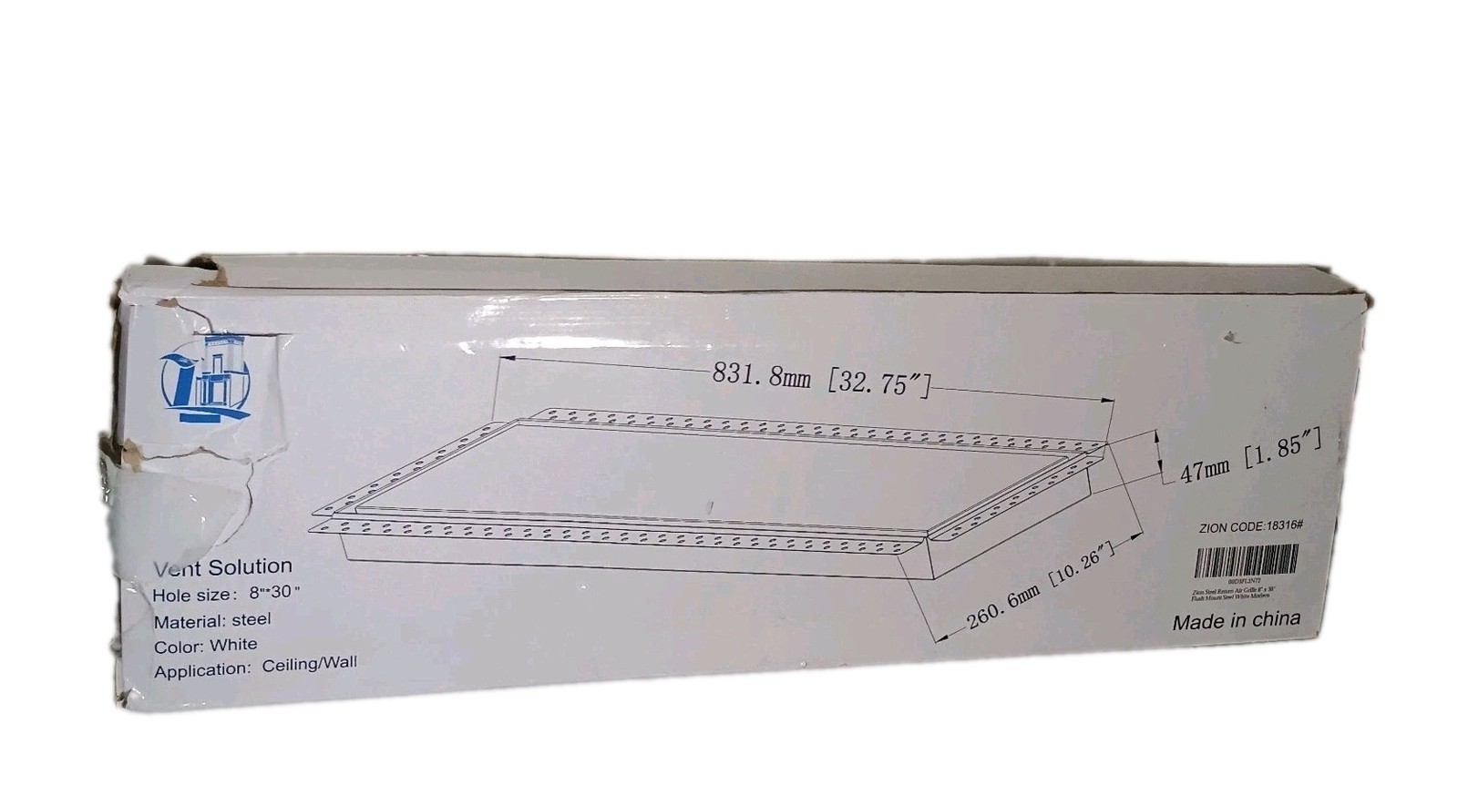 Zion Steel Return Air Grille 8″ x 30″ Flush Mount White Stainless Steel #18316