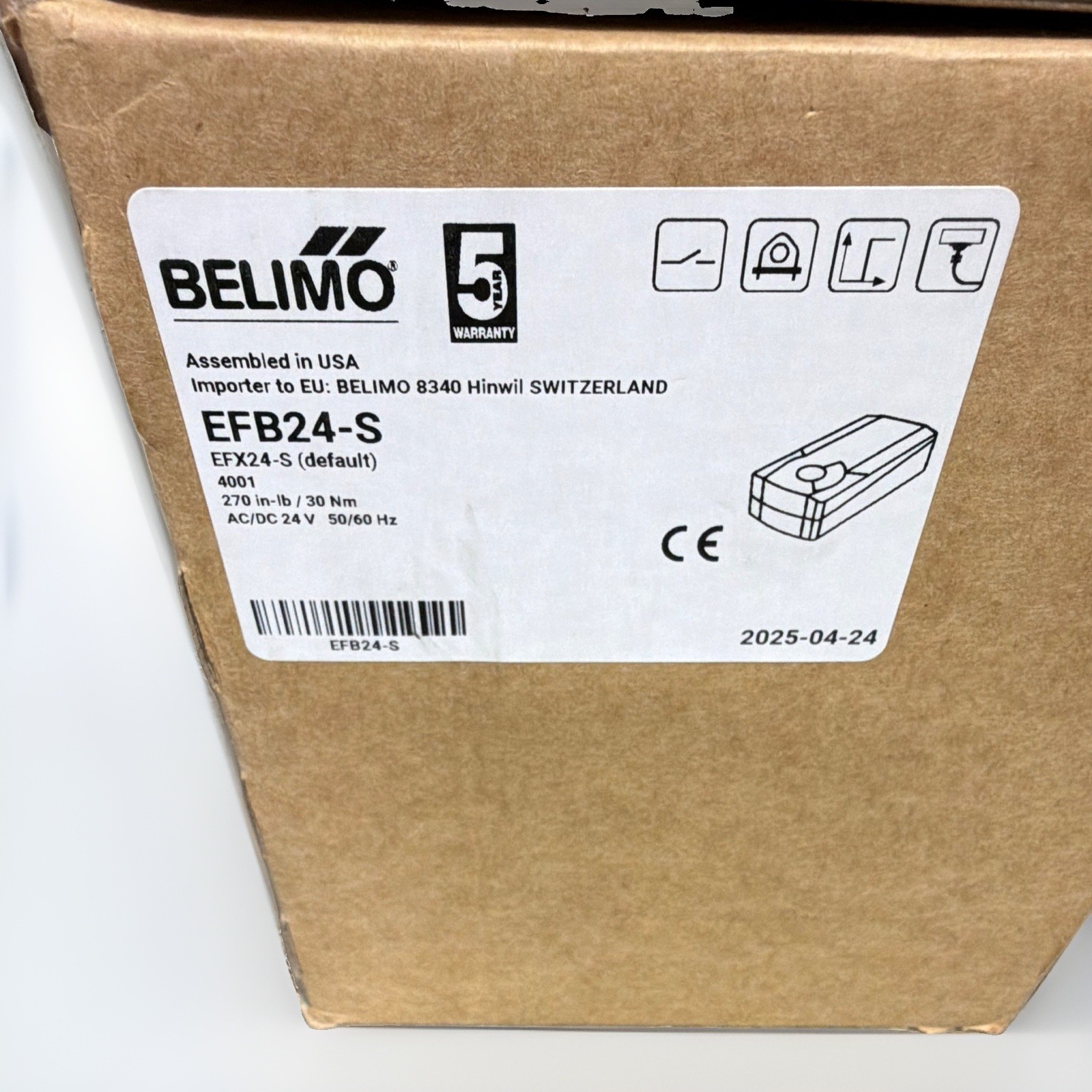 Belimo EFB24-S HVAC Damper Actuator, Corded Electric Power, 270 in-lb, 24V #73/1