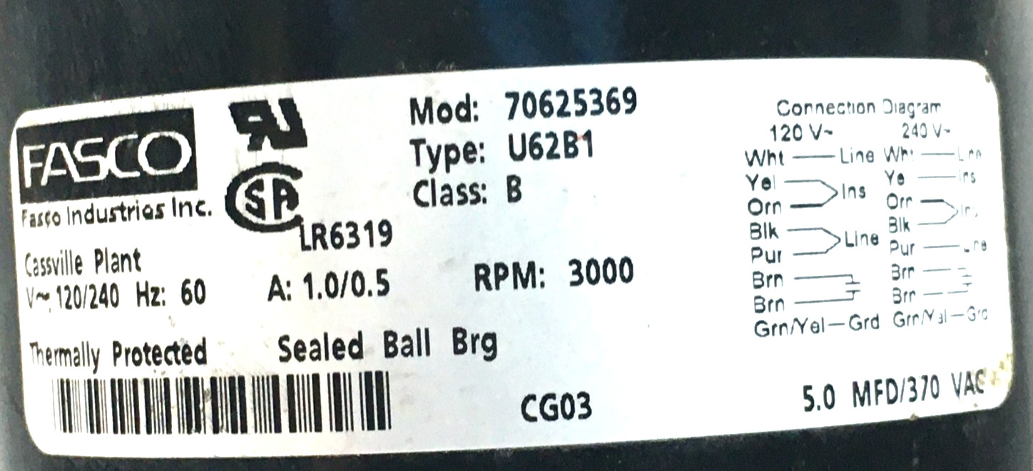 Fasco 70625369 Draft Ind Blower Motor Type U62B1 120/240V 3000RPM used #MS308