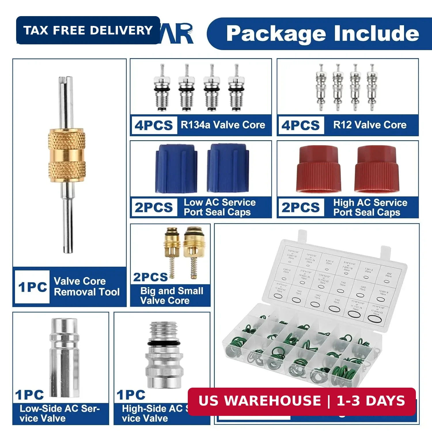 Air Conditioning Valve Core Kit, 17Pcs R134a Valve Core, 270Pcs Green Rubber O-R
