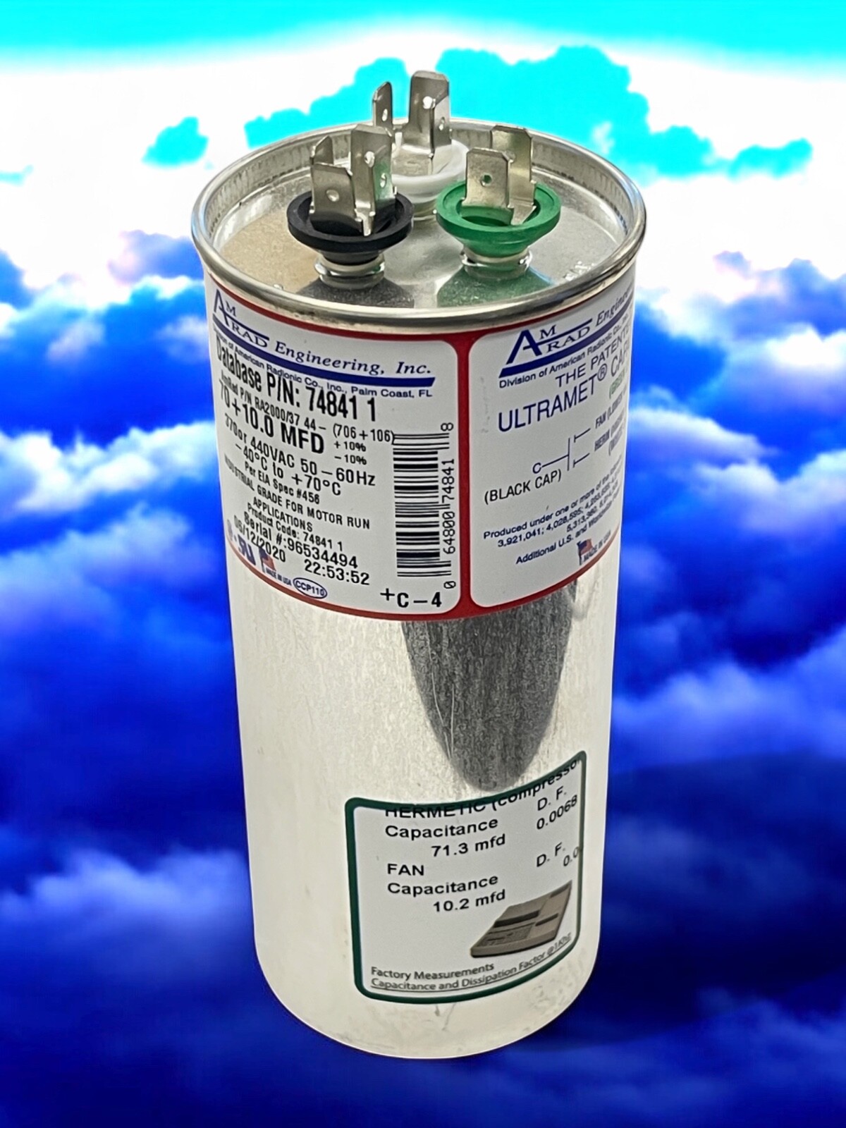AmRad USA2220BA Round Run Capacitor 70+10 uF MFD 370 / 440 Volt Made in USA
