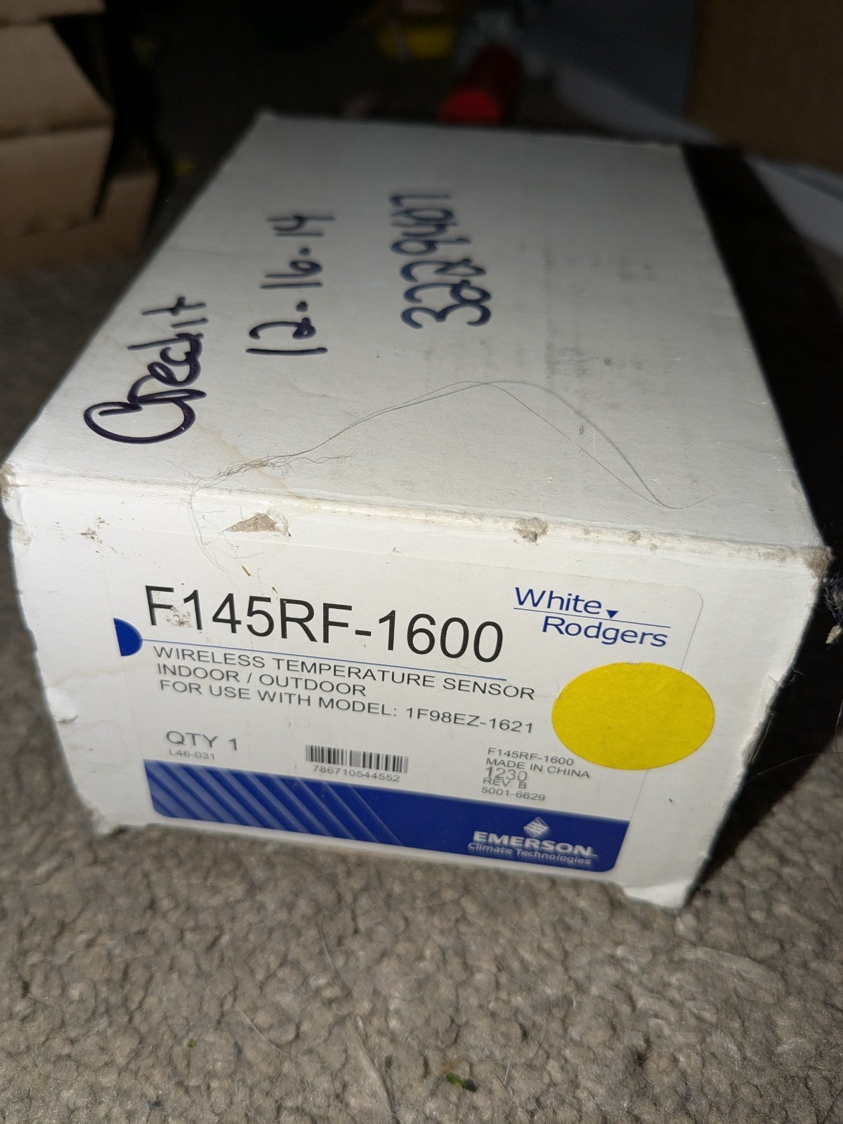 Emerson F145RF-1600 Wireless Temp Sensor Indoor/outdoor White Rodgers New