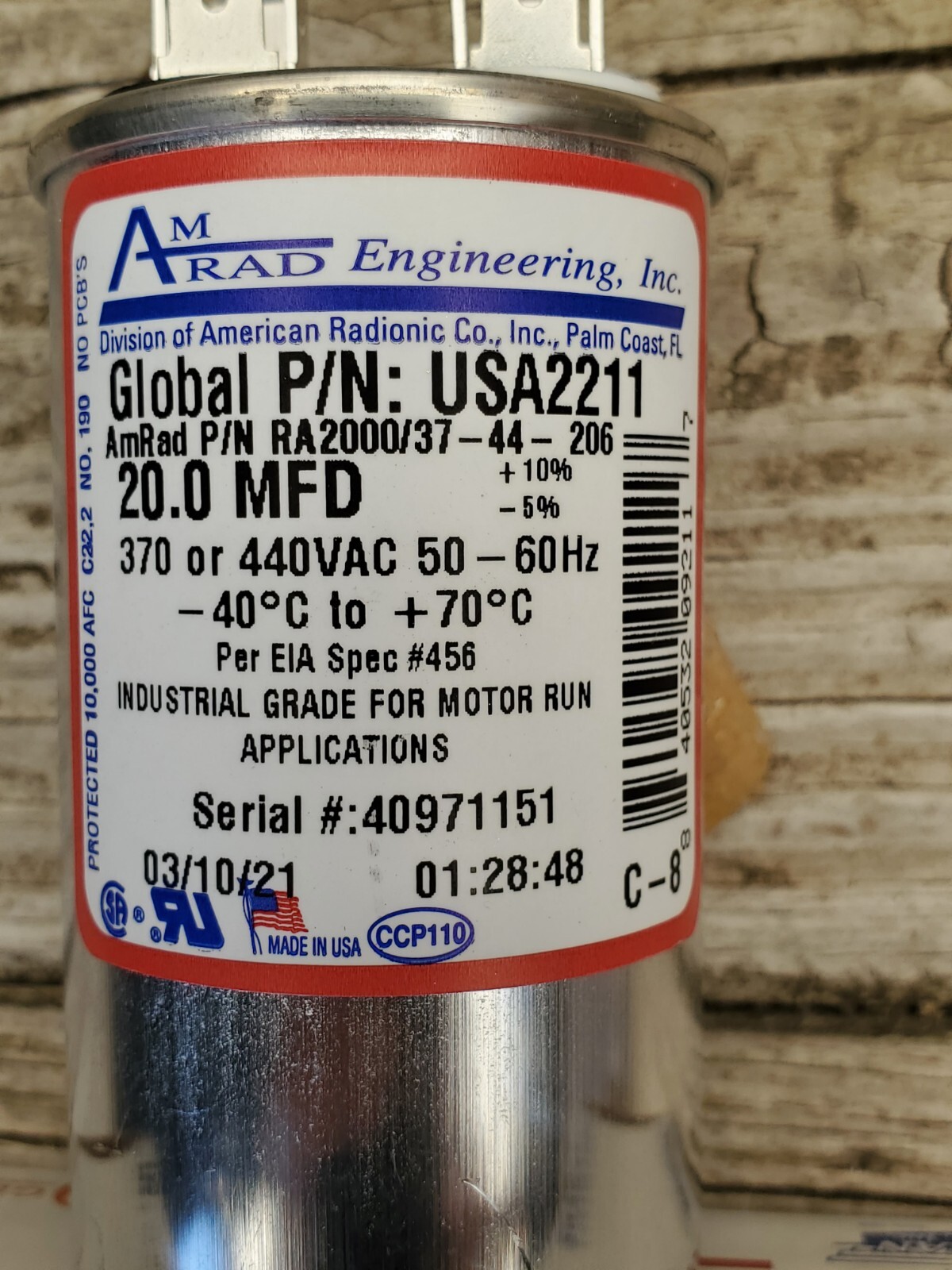 AmRad USA2211 Round Run Capacitor 20 uF MFD 370 / 440 Volt Made in USA