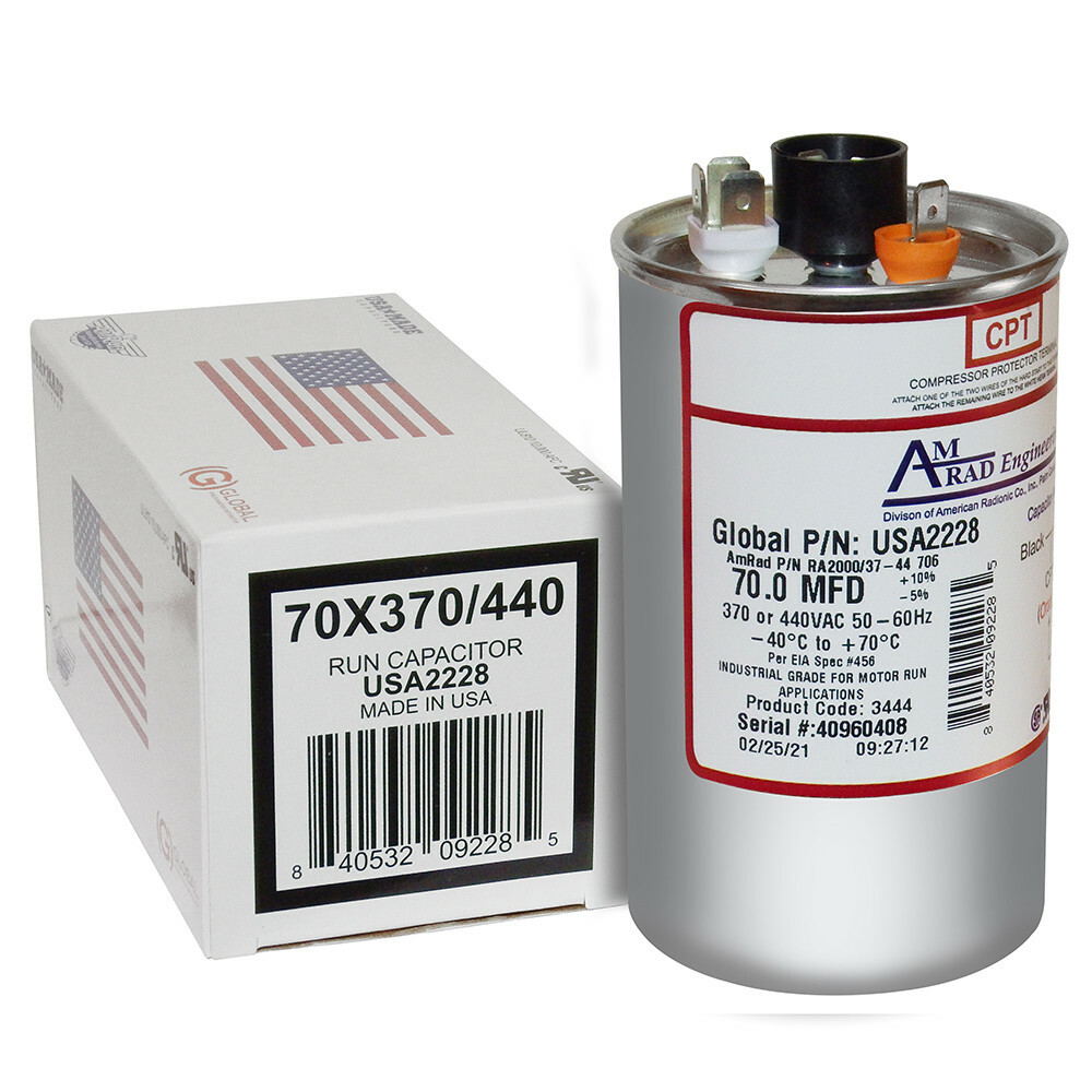 70 MFD x 370 / 440 VAC Round Run Capacitor AmRad USA2228 – Made in the USA