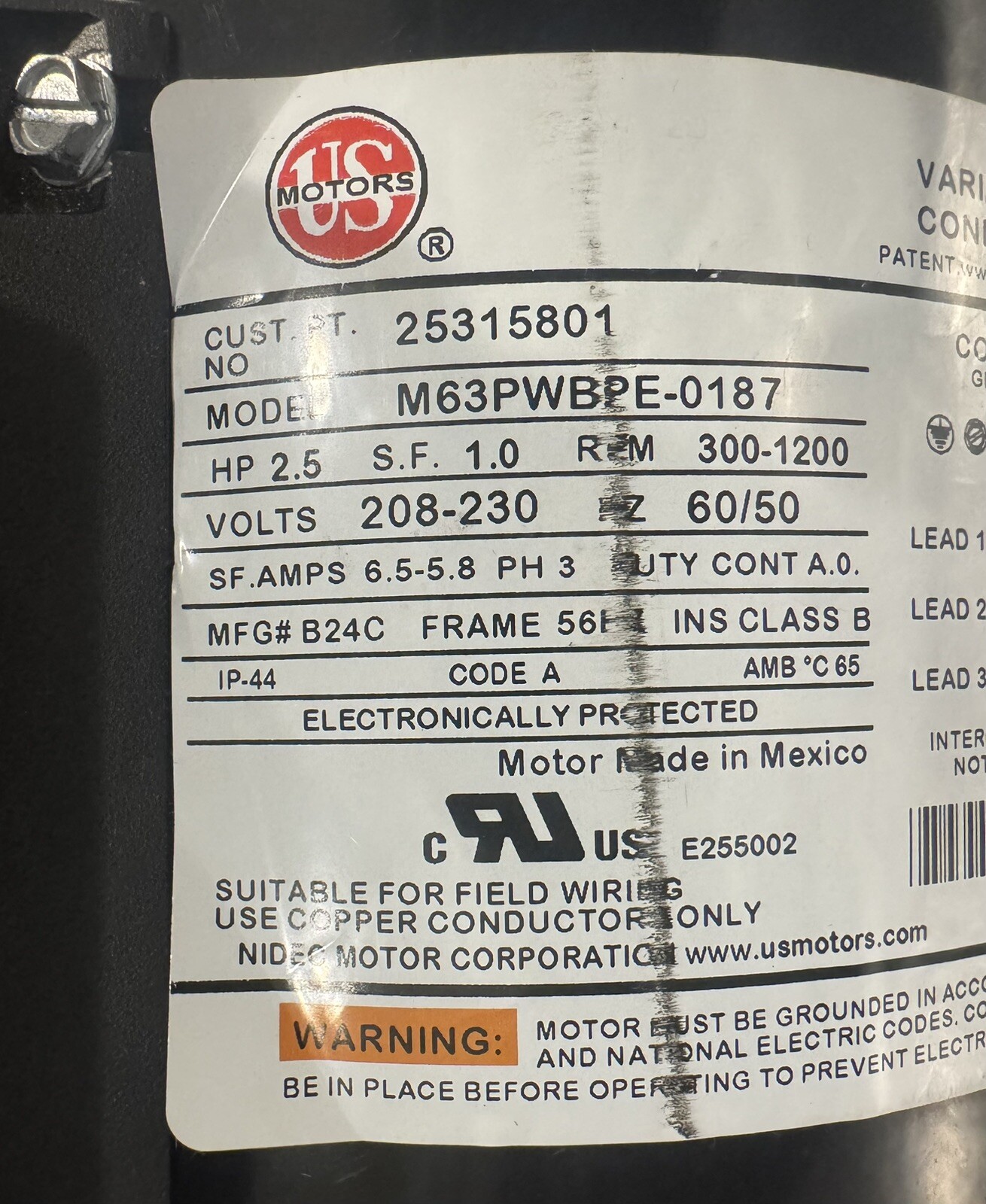 US Motor 25315801 Heatcraft ECM Refrigeration Motor 2.5 HP 208-230V NEW!
