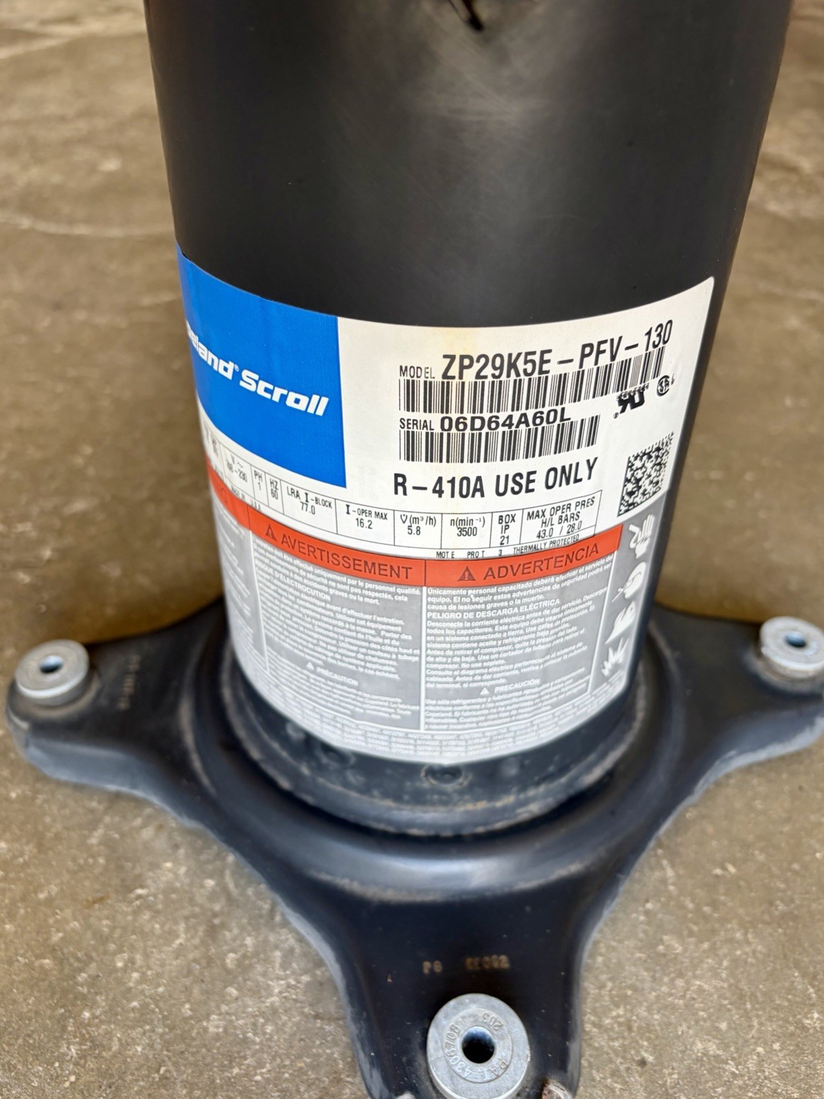 Copeland 3 Ton Scroll Compressor ZP39K5E-PFV-130 R410A 208/230V 1 PH