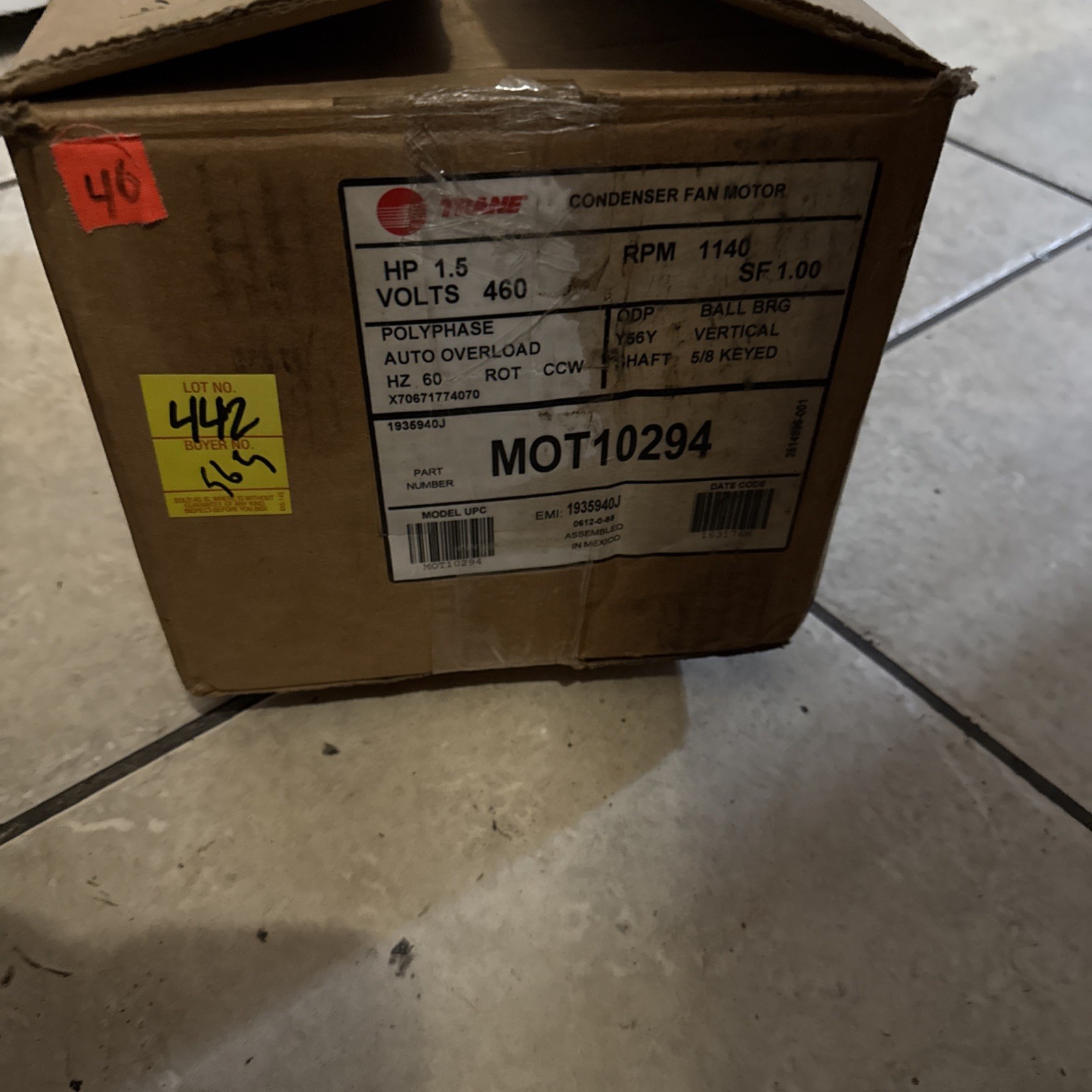 MOT10294 Trane Condenser Fan Motor 460V 3 Phase Motor – 1.5HP, 1140RPM, 56Frame
