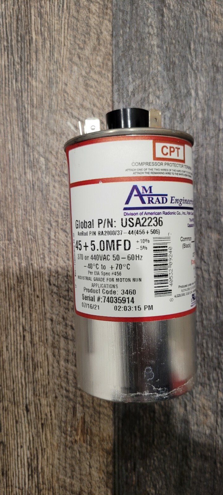 45 + 5 uF MFD x 370 / 440 VAC Motor Run Capacitor AmRad USA2236 – Made in USA