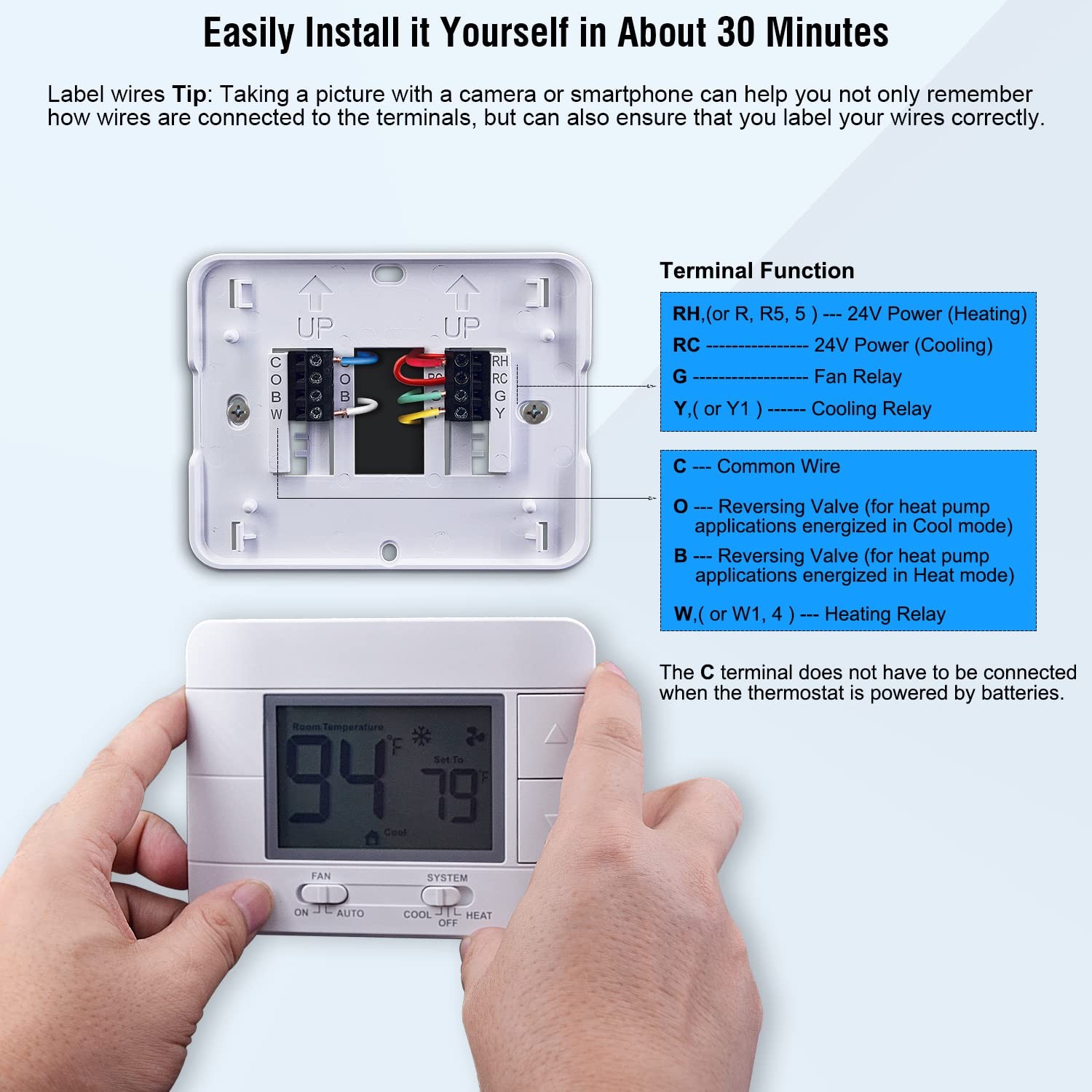 Upgraded Digital Non-Programmable Thermostat for Home 1 Heat/1 Cool Blue