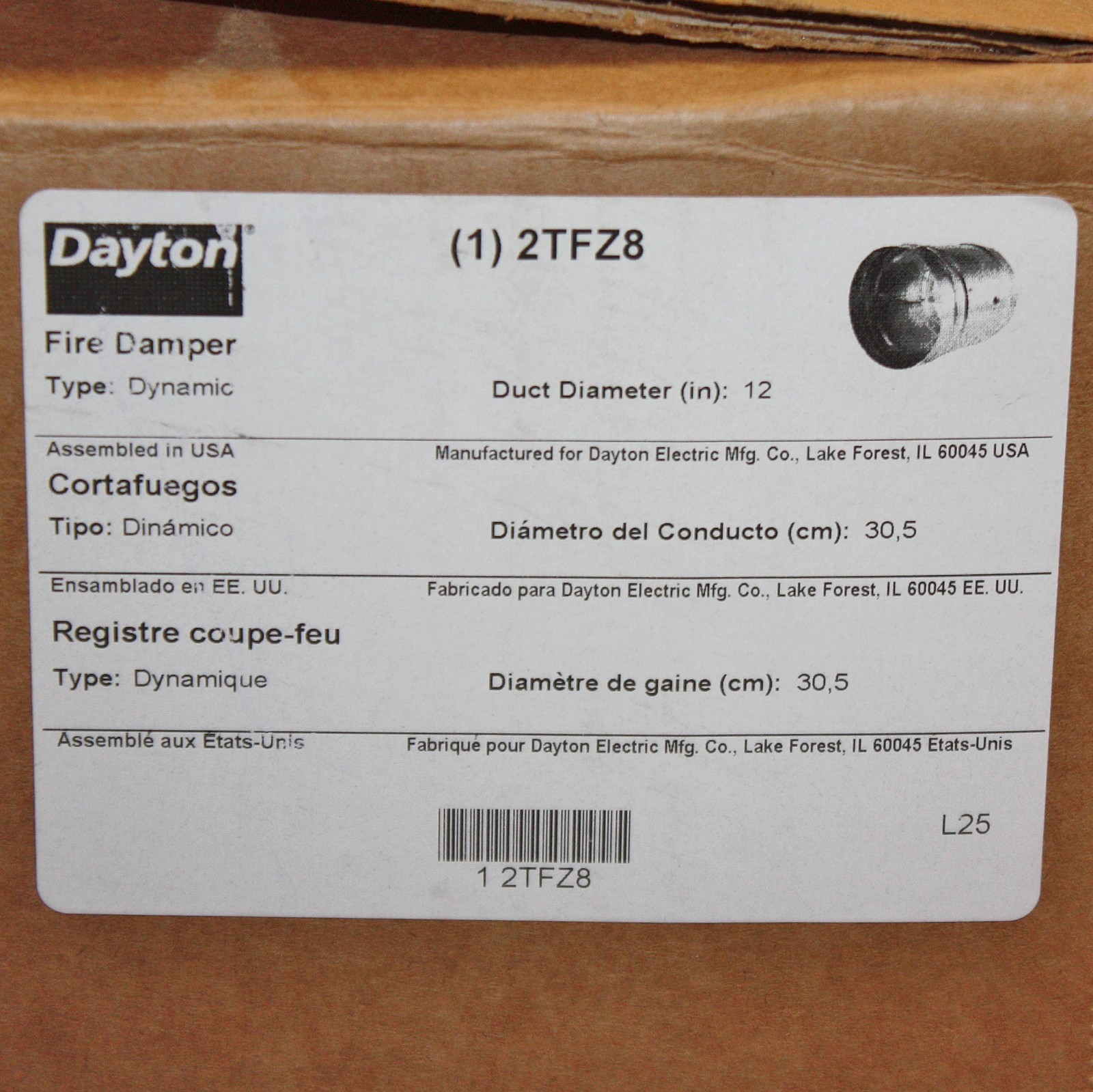 Dayton Fire Damper 2TFZ8, 12″ Diameter Duct, Butterfly, 90 min, Galvanized Steel
