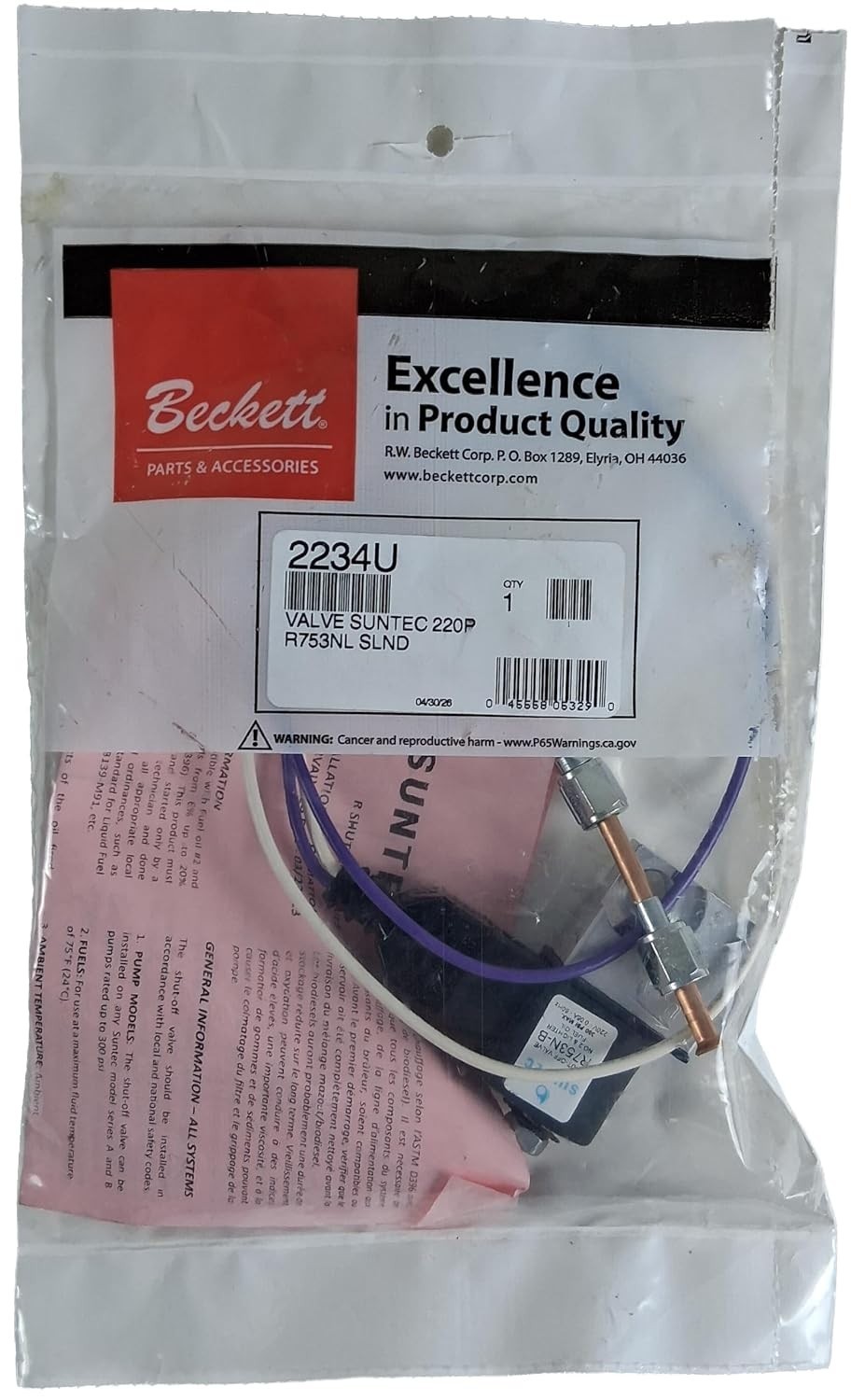Genuine OEM Beckett 2234U 220V Solenoid Valve Kit For A B AF AFG NX SM Pump