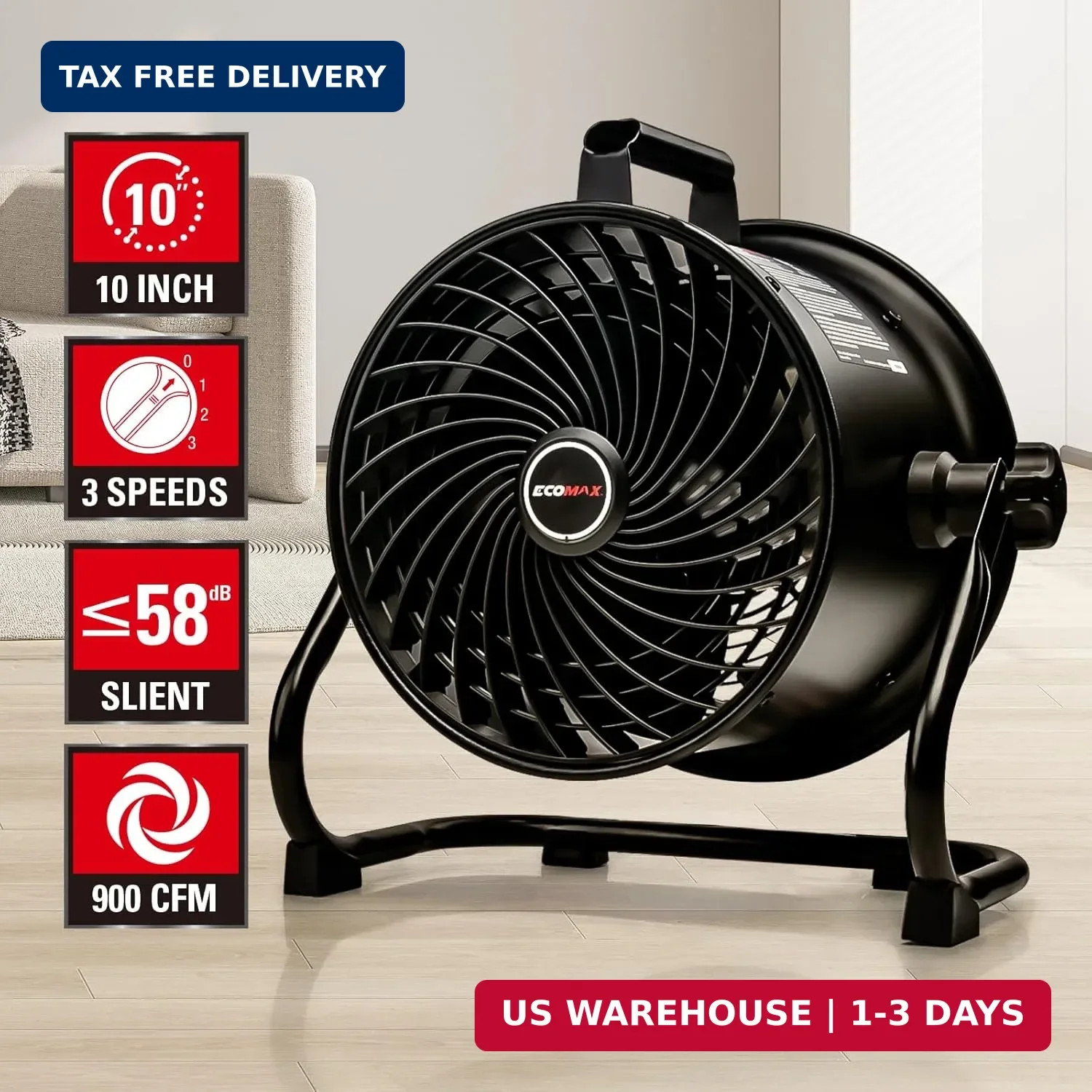 ECOMAX 10-Inch Drum Fan, 900CFM 3-Speed Industrial Floor Fan with 360° Tilt Head