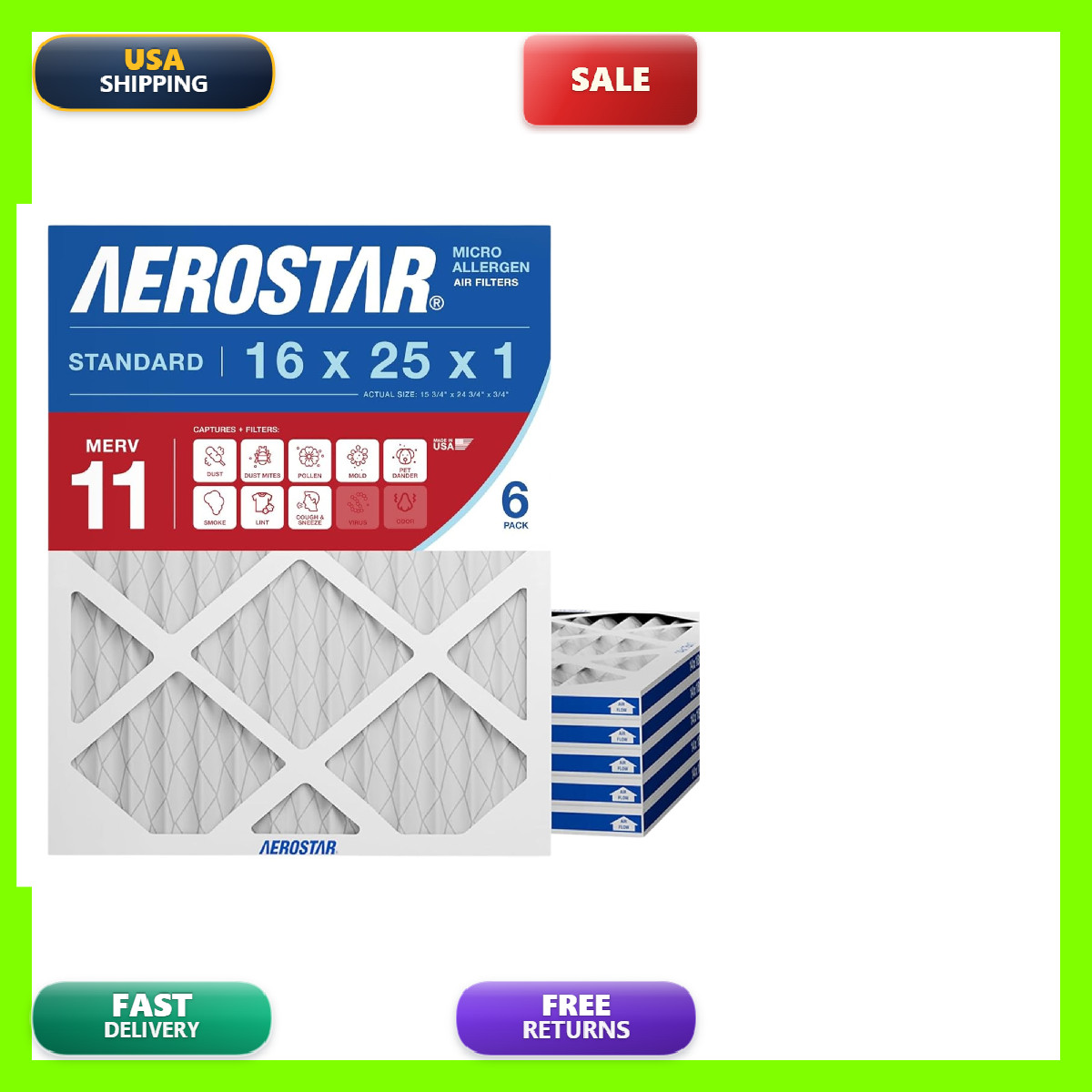 Aerostar 16X25X1 Merv 11 Air Filter 6 Count Actual Size 15.75 X 24.75 X 0.75