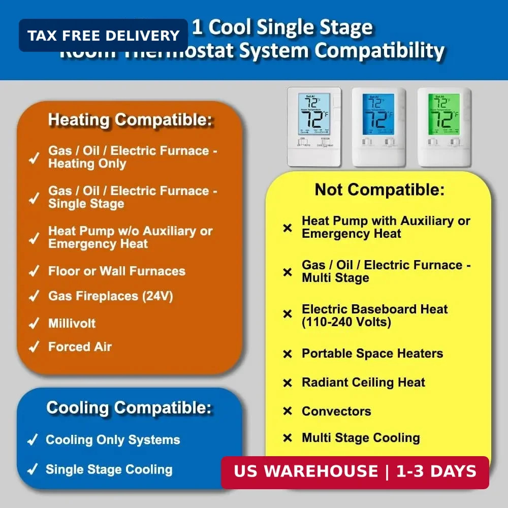 Digital Non-Programmable Thermostat for Home Single-Stage Systems, 1 Heat/1 Cool