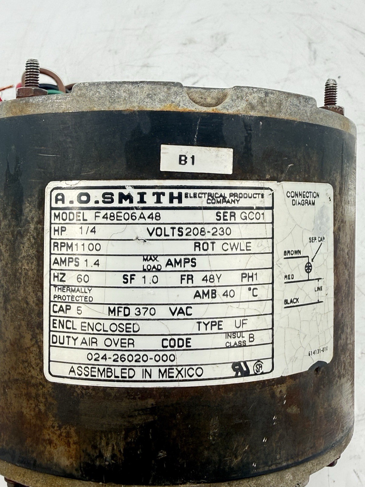 A.O.Smith F48E06A48 1/4 HP 208-230 V 1100 RPM Condenser FAN MOTOR 024-26020-000
