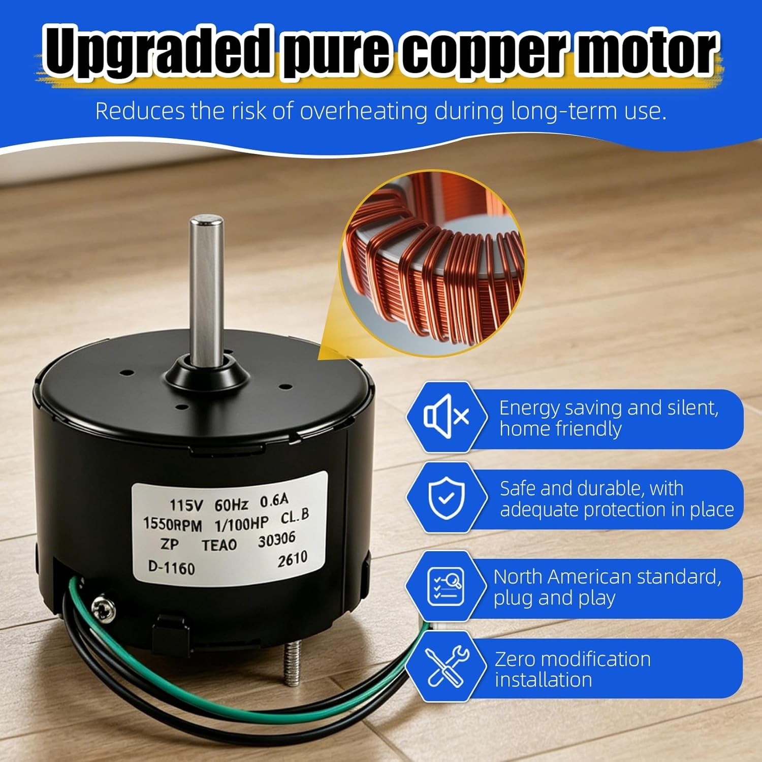 Condenser Fan Motor for Fasco D1160, 1/100HP Broan Nutone 655 661 663 763 665N