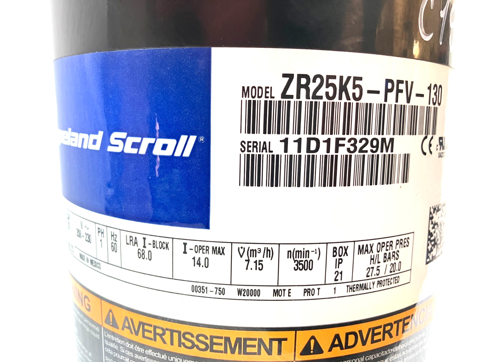 Copeland 2.5 Ton Scroll AC Compressor ZR25K5-PFV-130 R-22 208-230V used #C193
