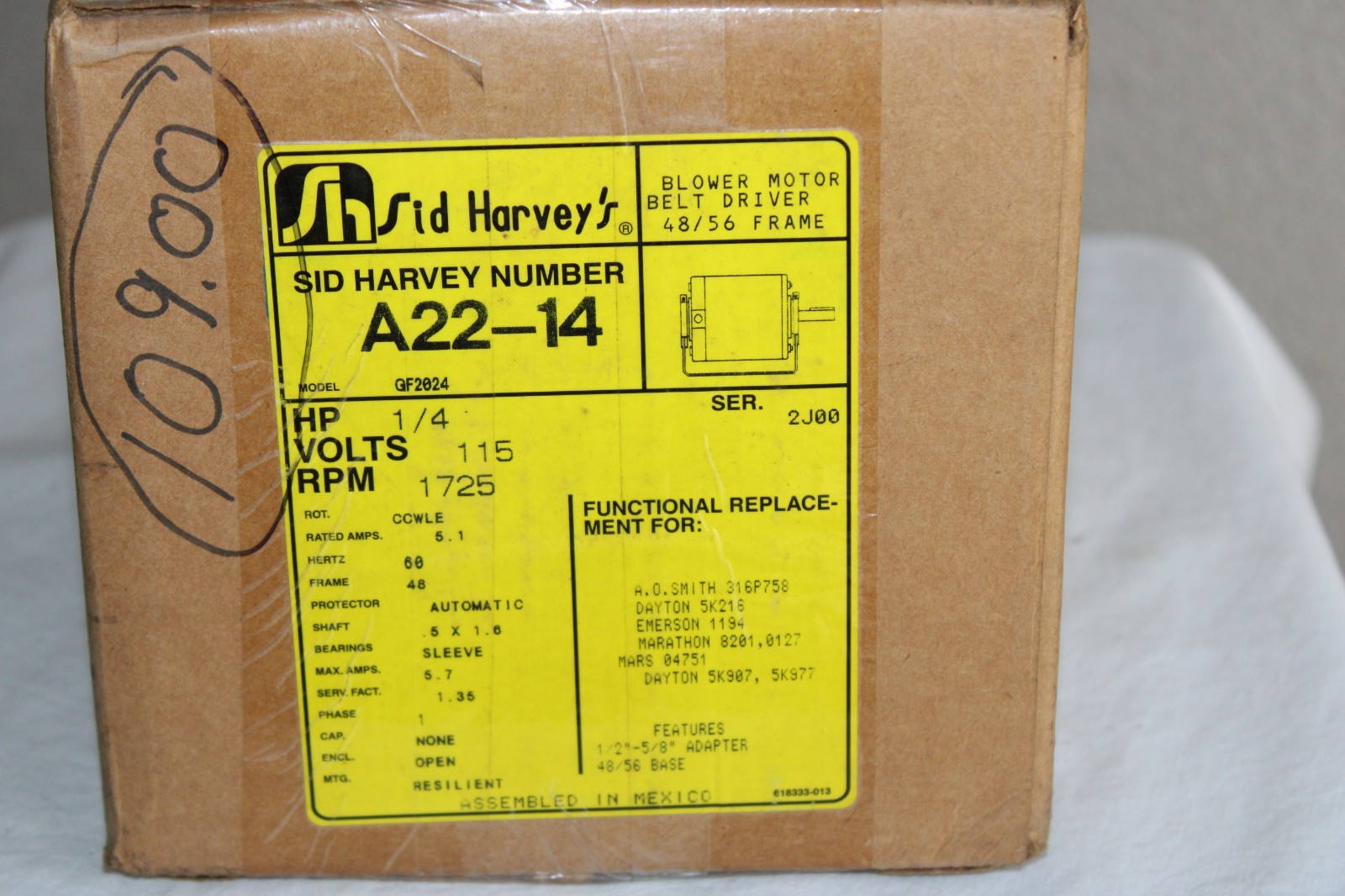 NOS Sid Harvey A22-14 Motor Ball Bearing 1/4 HP 1725 RPM 115 VAC FREE SHIPPING