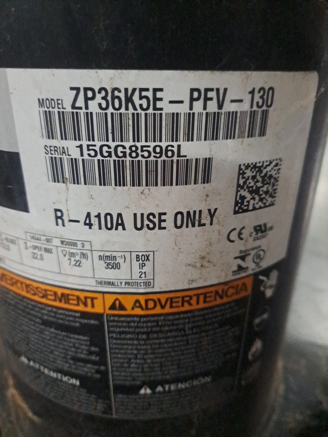COPELAND Scroll ZP36K5E-PFV-130 36,000 BTU 230V 1PH 60HZ R-410A only used SOA2FL