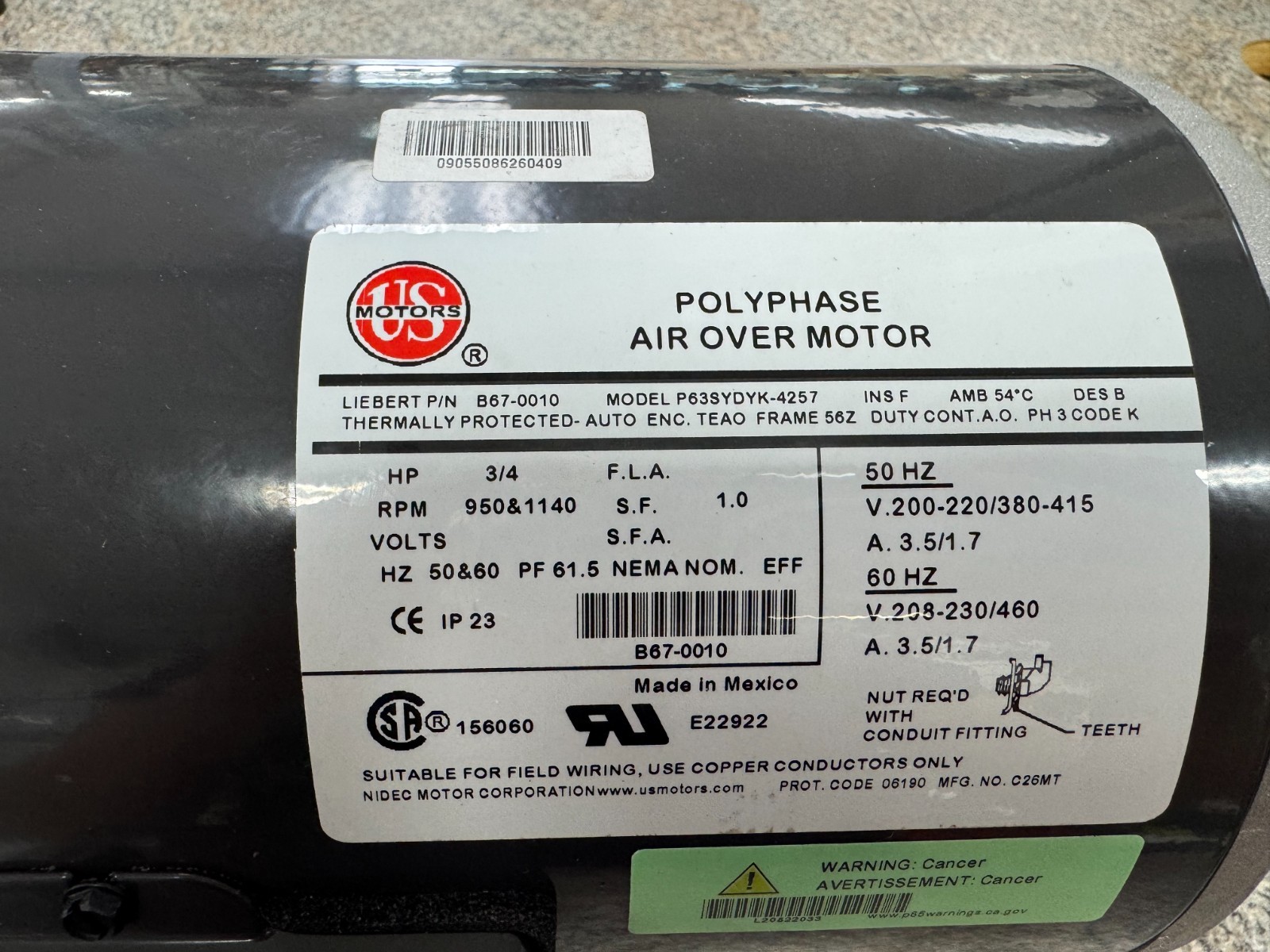 Liebert KIT-B670010 B67-0010 3/4 HP 208-230/460V 3-Phase Condenser Fan Motor