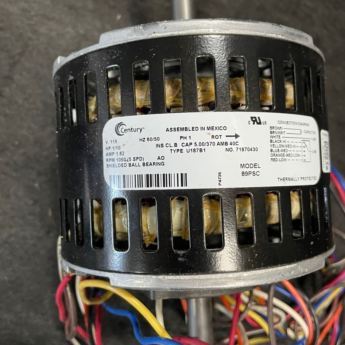 Century 89PSC Fan Coil & Air Conditioner Motor, 1/10 HP, 1Phase, 115V 5 Speed