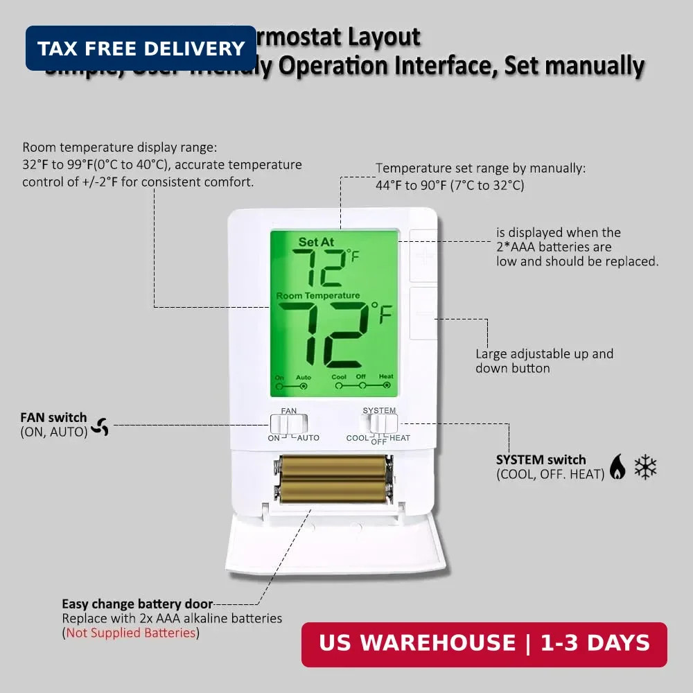 Digital Non-Programmable Thermostat for Home Single-Stage Systems, 1 Heat/1 Cool