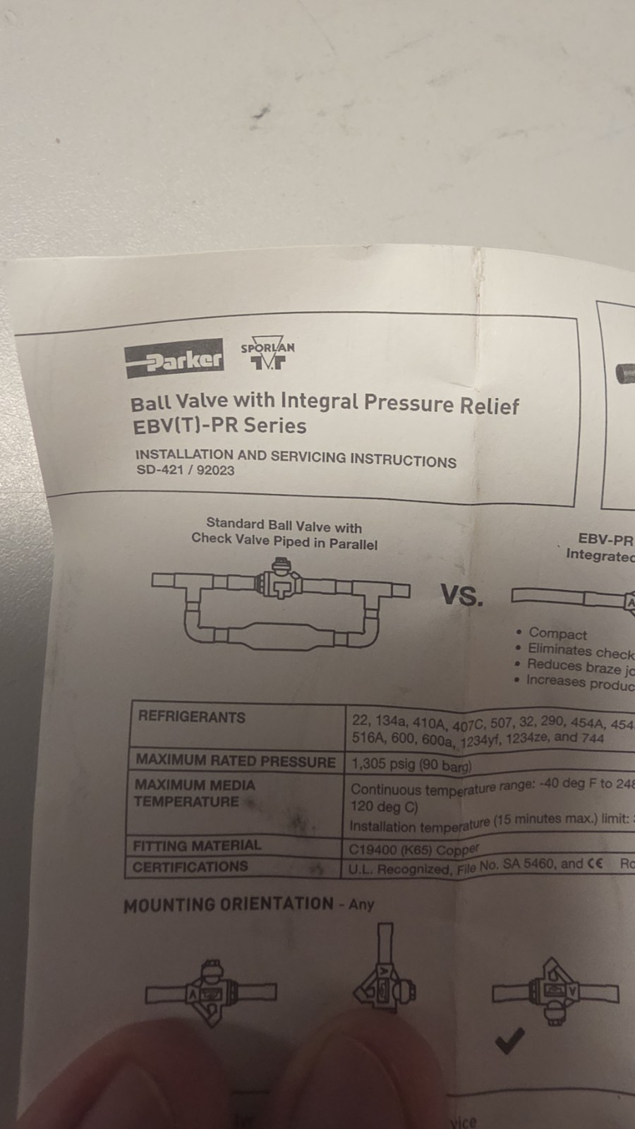 NEW Parker Sporlan EBV-PR1030 3/8″ Ball Valve w/ Pressure Relief 502199