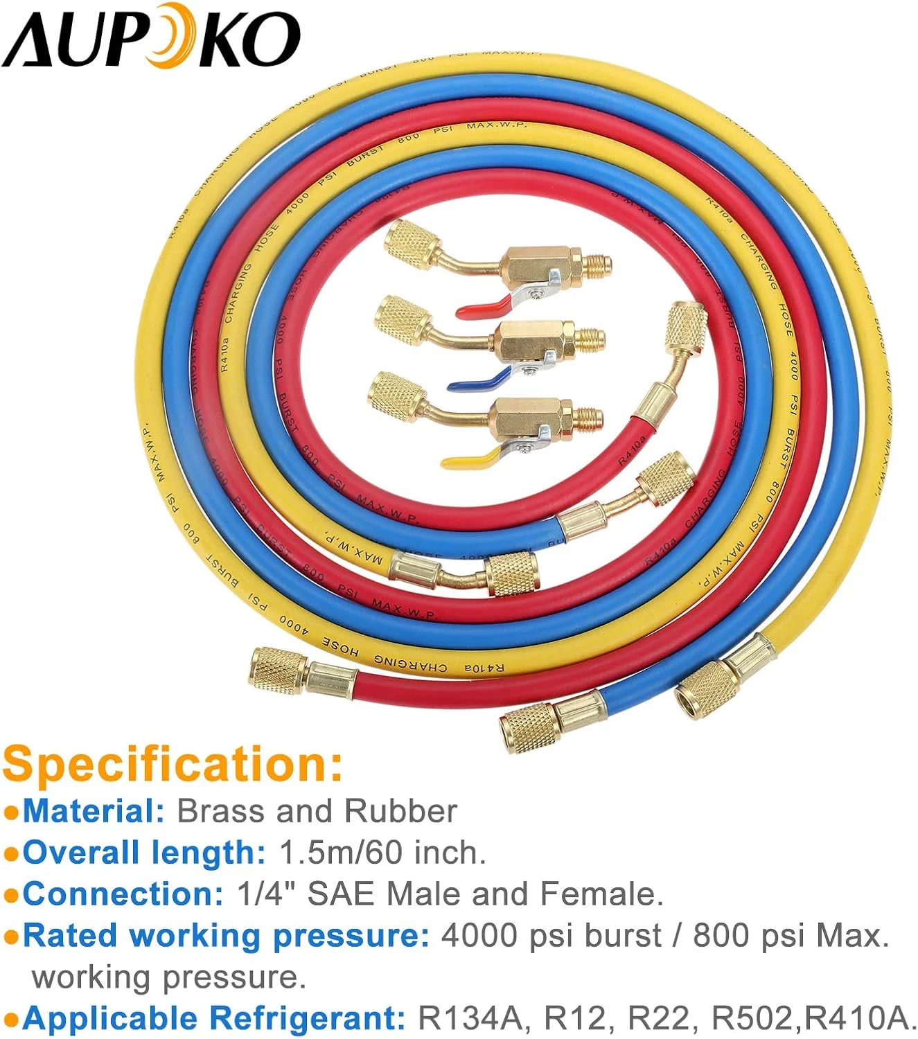 Aupoko AC Refrigerant Charging Hose with Ball Valve, 3-Color 60″ R410A HVAC Hose