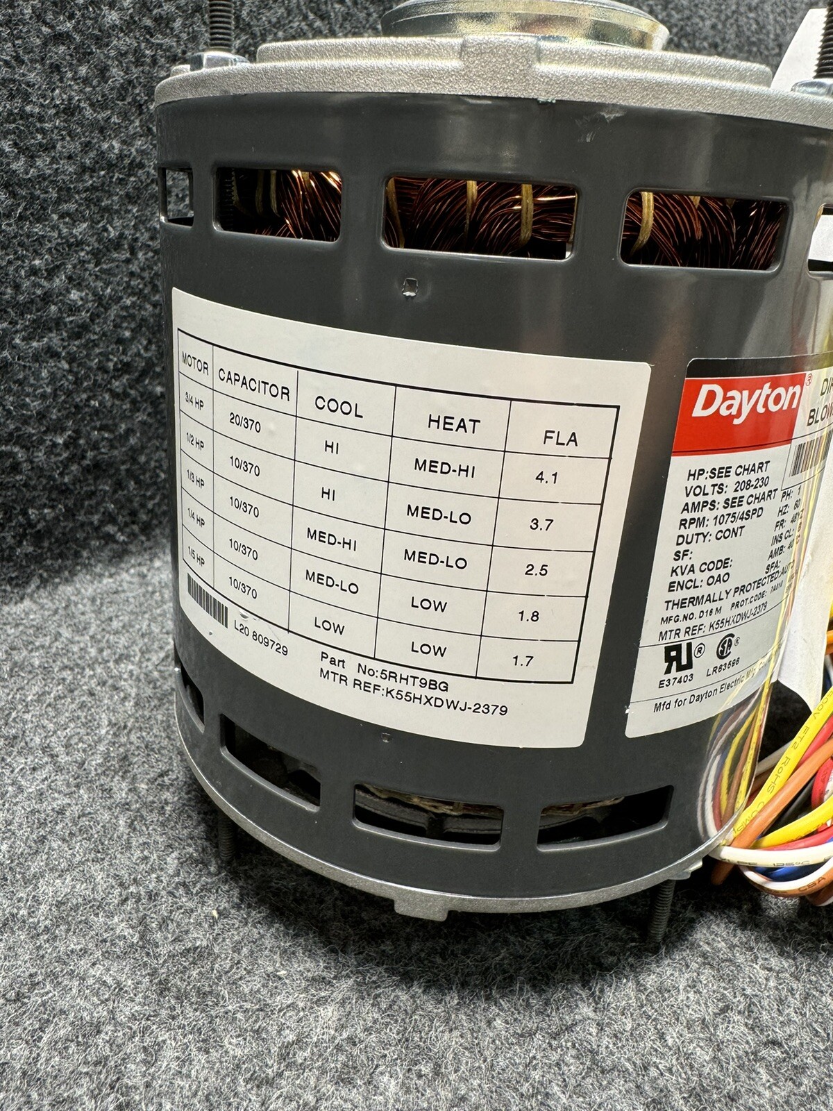 Dayton Direct Drive Blower 4 Speed Motor 208-230V 1/5 hp, 3/4 hp 5RHT9 5RHT9BG