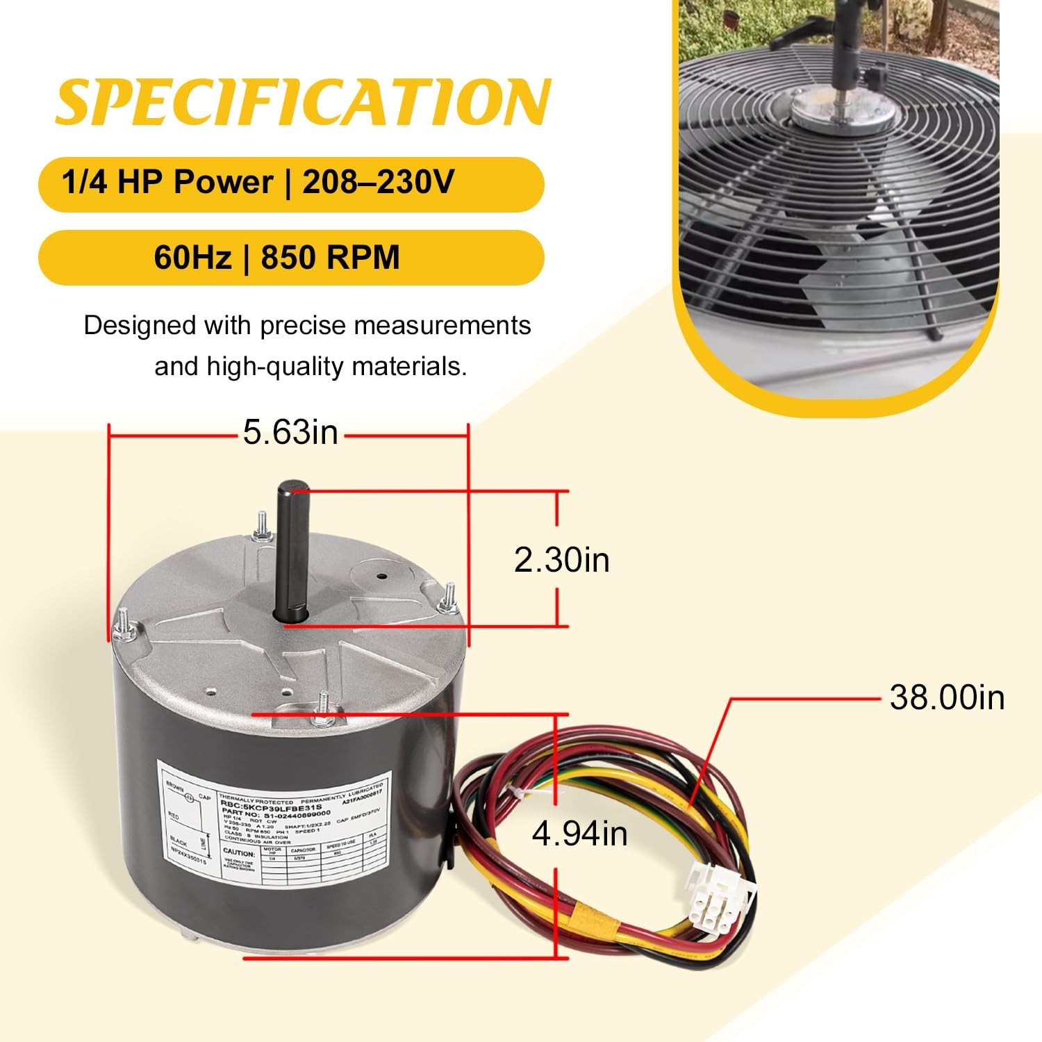 1/4HP AC Condenser Fan Motor 208-230V 850RPM Replaces F48AA68A50 CW