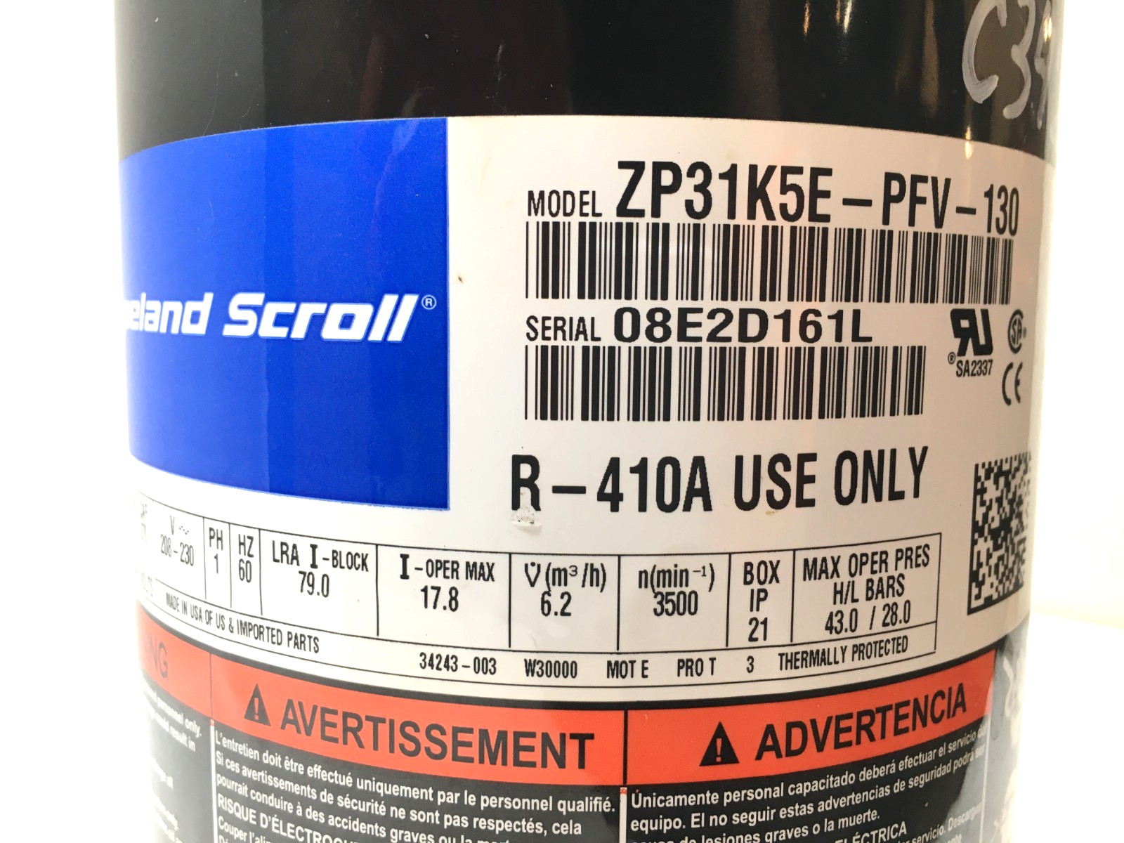 Copeland 2.5 Ton Scroll Compressor ZP31K5E-PFV-130 R410A 208/230V 1 PH used C342