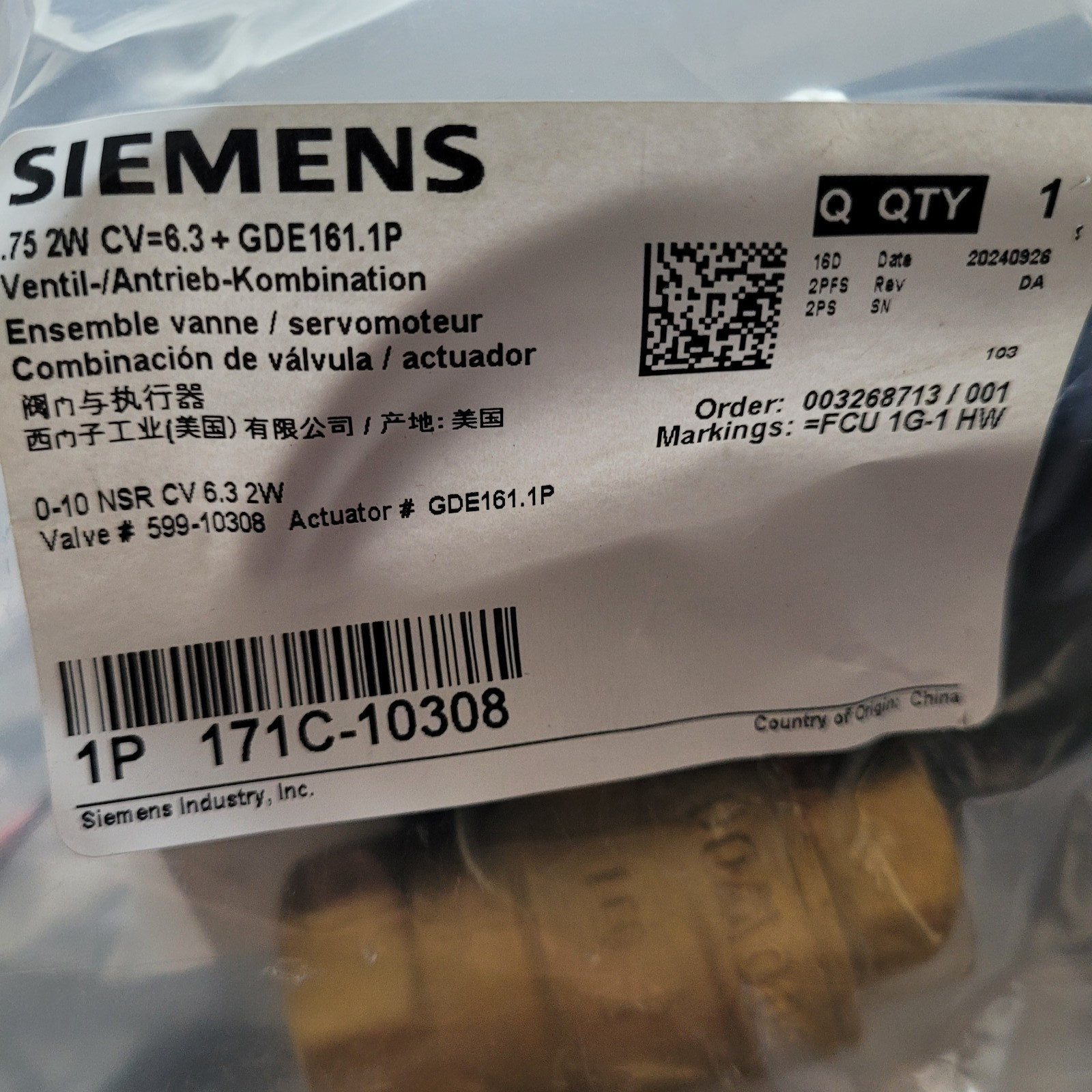 Siemens 171C-10308 2-way Ball Valve Cv=6.3 0-10V Actuator