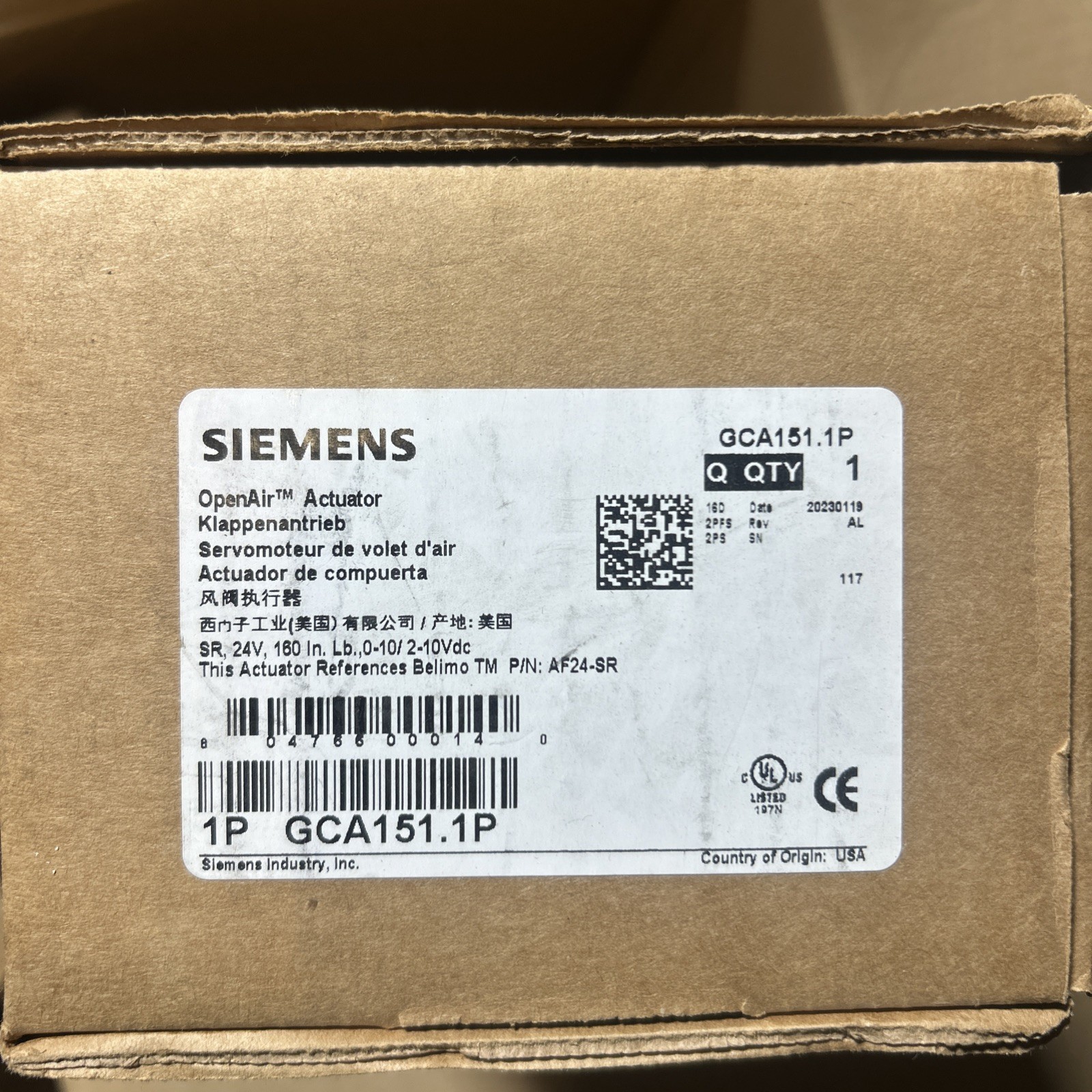 SIEMENS GCA151.1P OPENAIR ACTUATOR SR 24V 160 IN LB NEW OPEN BOX