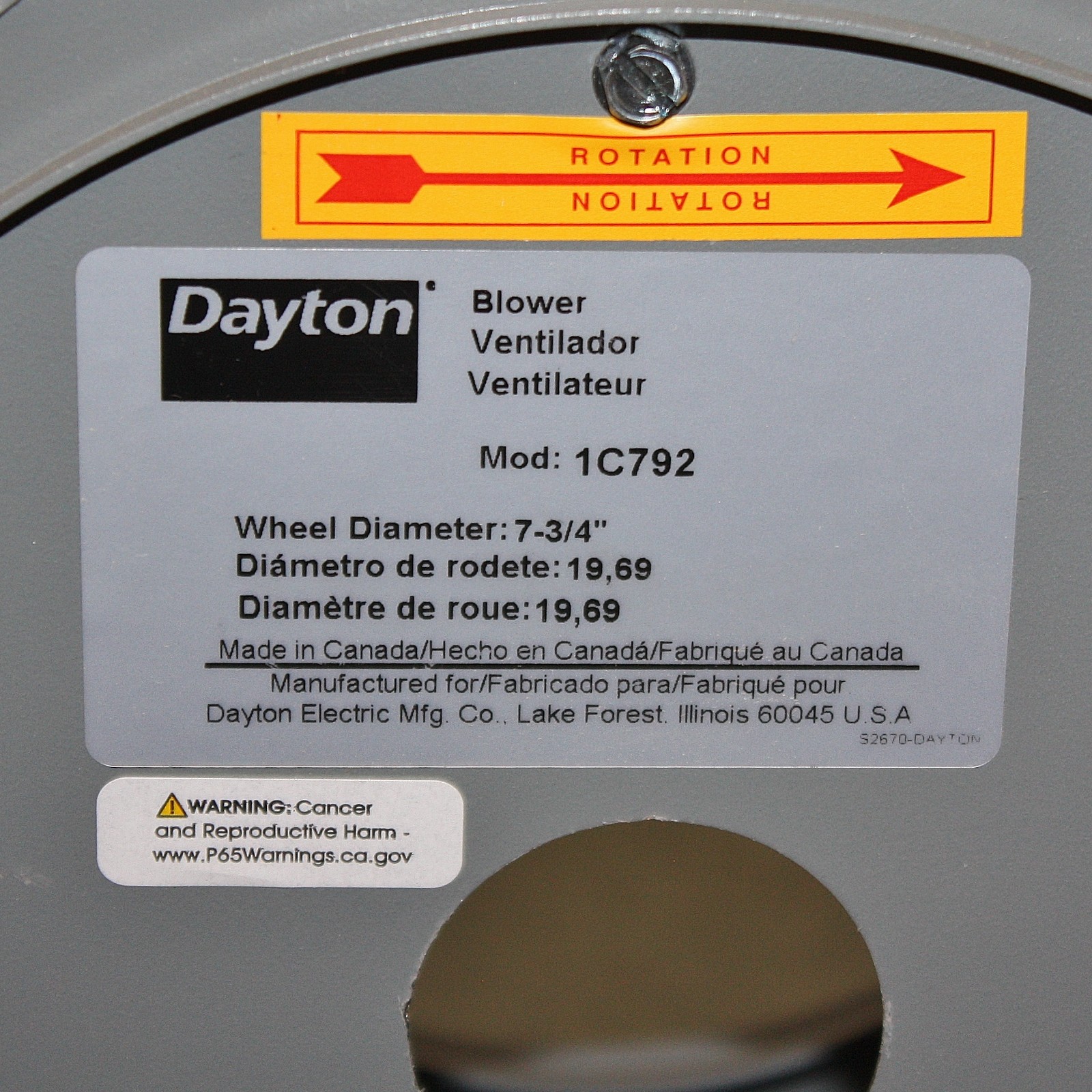 Dayton Blower Assembly 1C792, 7-3/4″ Wheel, Direct Drive, 360 cfm, 1725 rpm