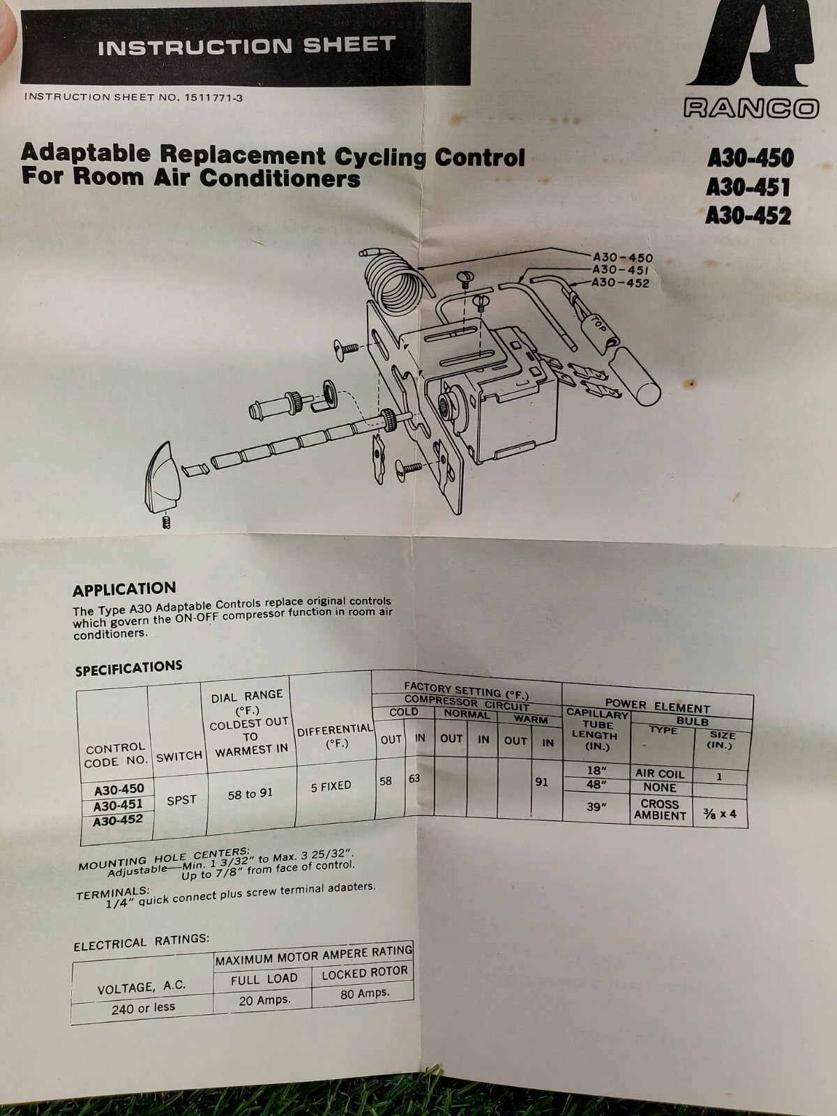Ranco A30-451 Adaptable A/C Control, GC-702 (NOS)