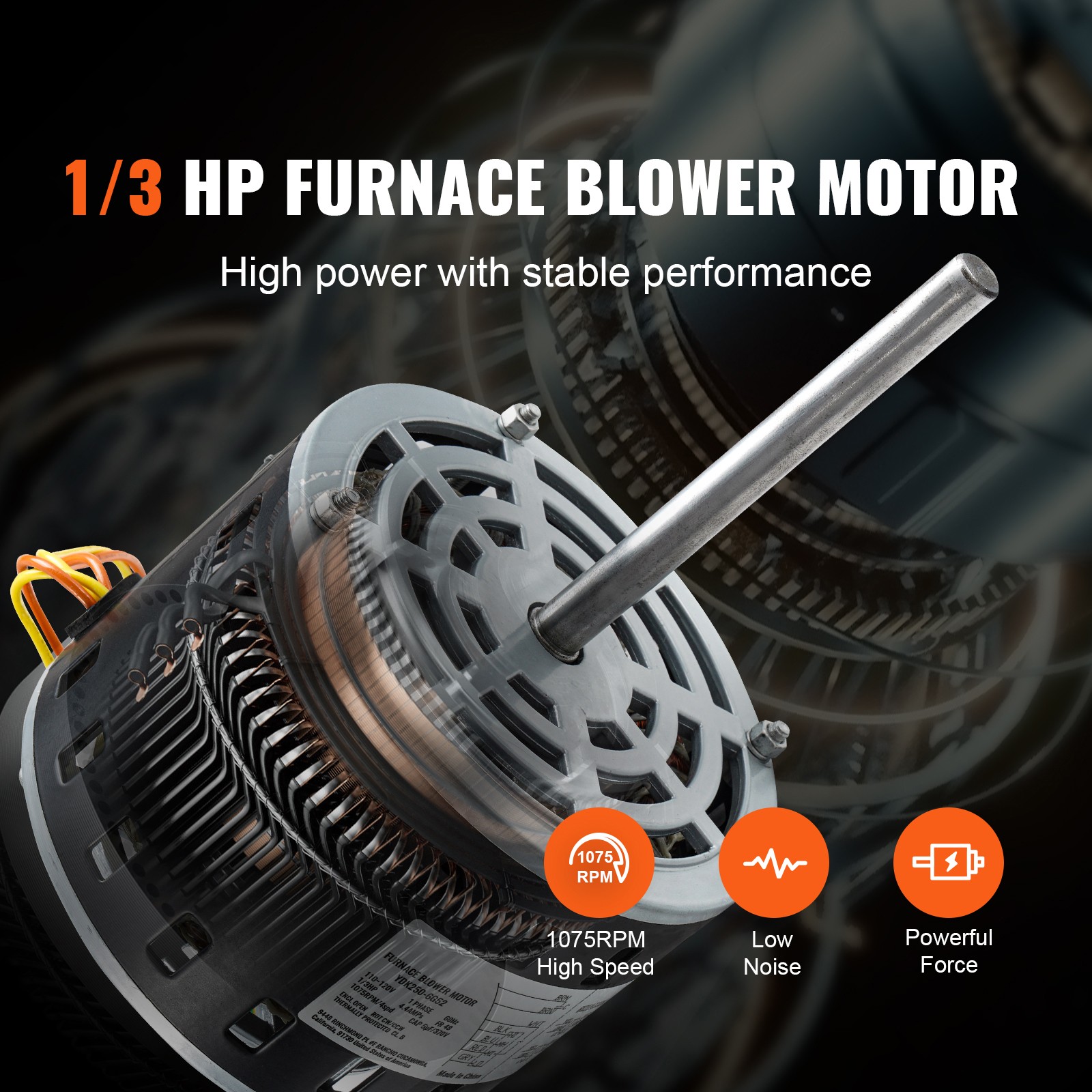 VEVOR 1/3HP Furnace Blower Motor 110-120V 4.4A 1075RPM 4 Speeds 48 Frame 1 Phase