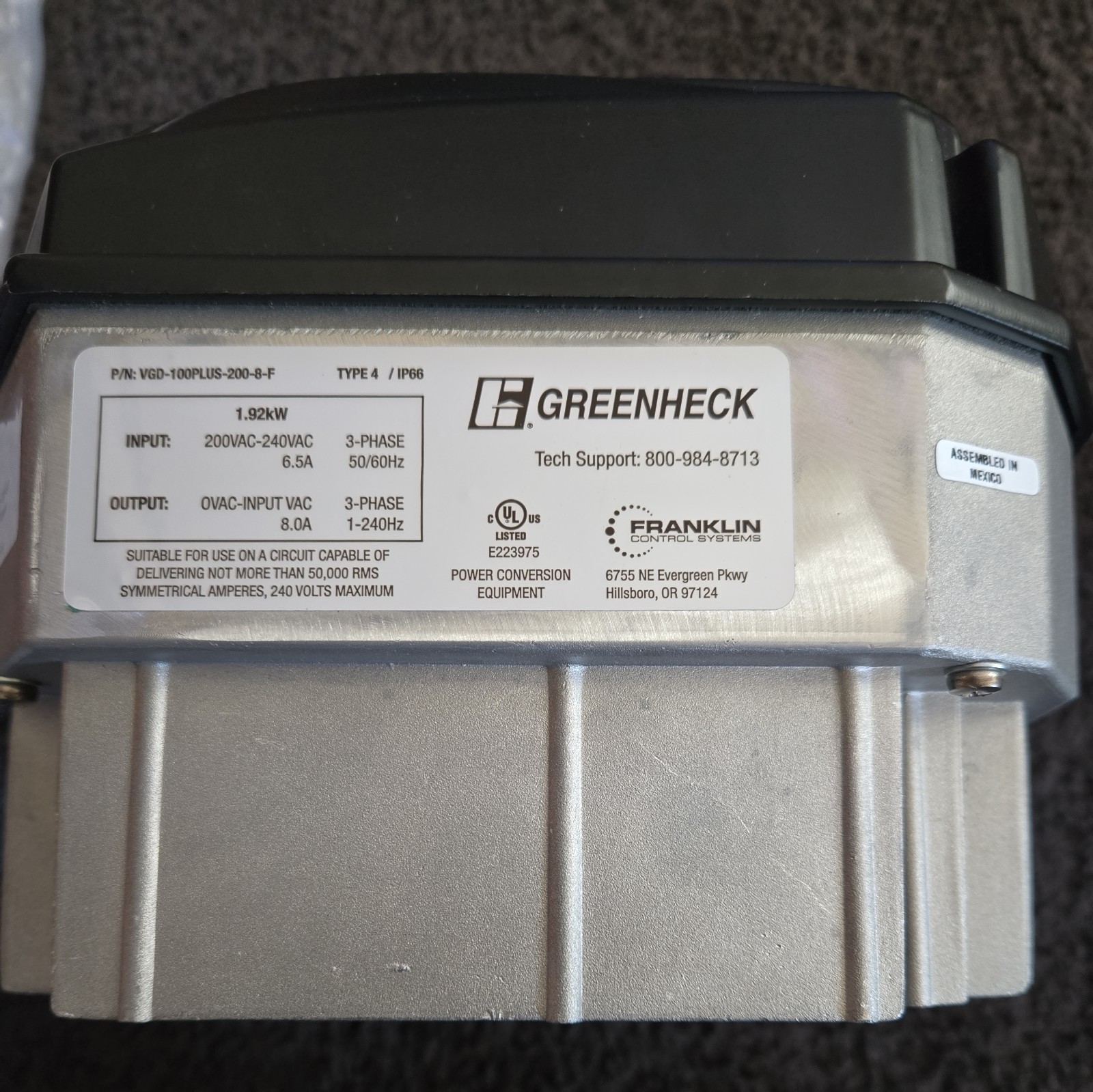 New Greenheck VGD-100PLUS-200-8-F Vari-Green Drive 200-240VAC 3 Phase Type 4 VFD