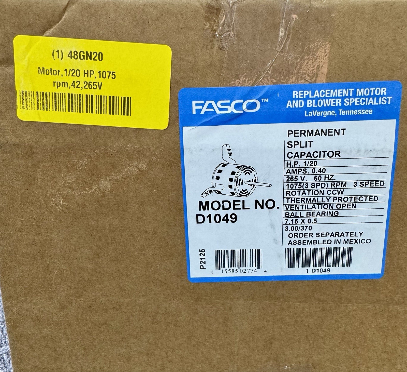 FASCO D1049 OEM Condenser Fan Motor 265V, 1/20 HP, 3 Speeds